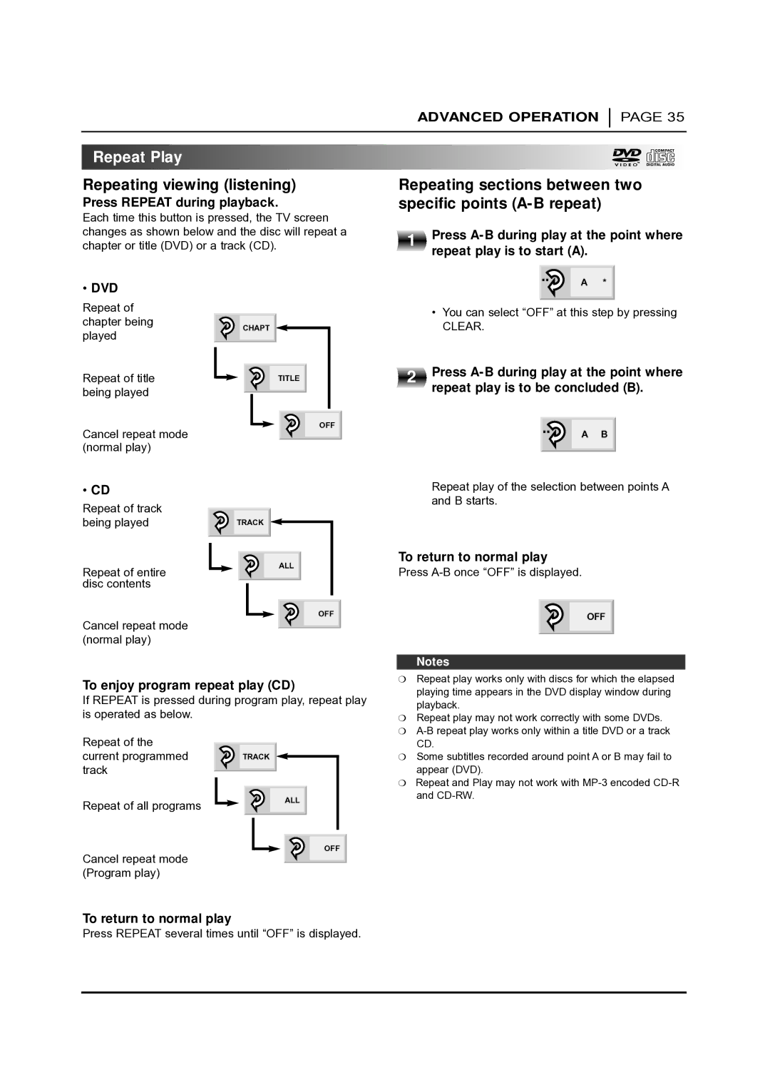 NAD T 531 owner manual Repeat Play, Repeating viewing listening, Repeating sections between two specific points A-B repeat 