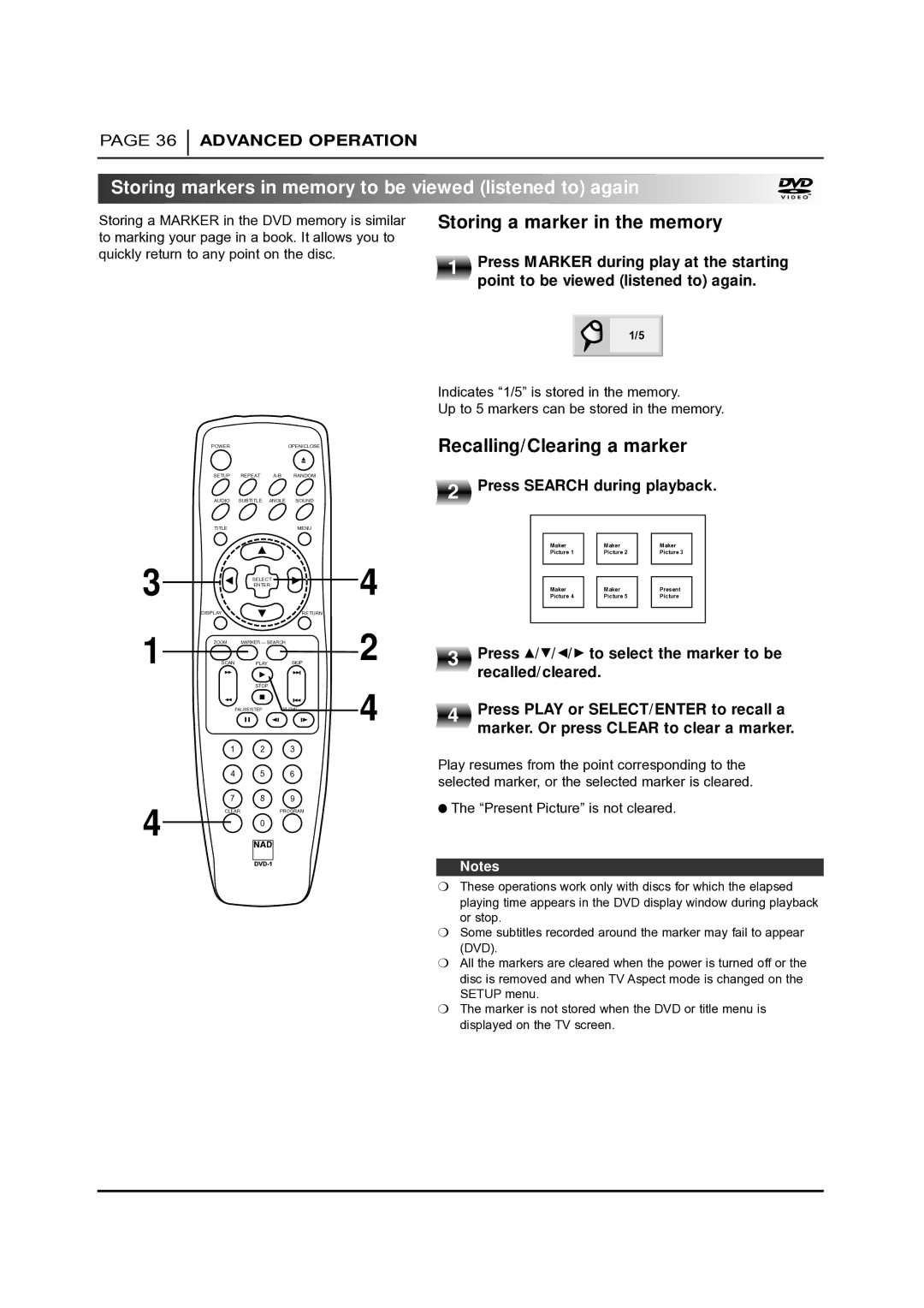 NAD T 531 owner manual Storing markers in memory to be viewed listened to again, Storing a marker in the memory 