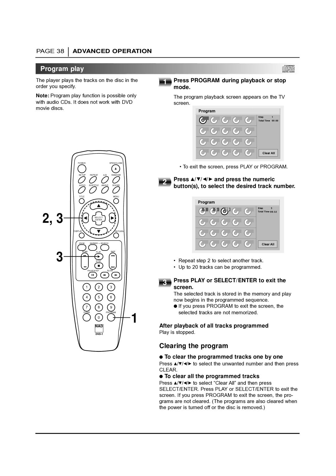 NAD T 531 owner manual Program play, Clearing the program 