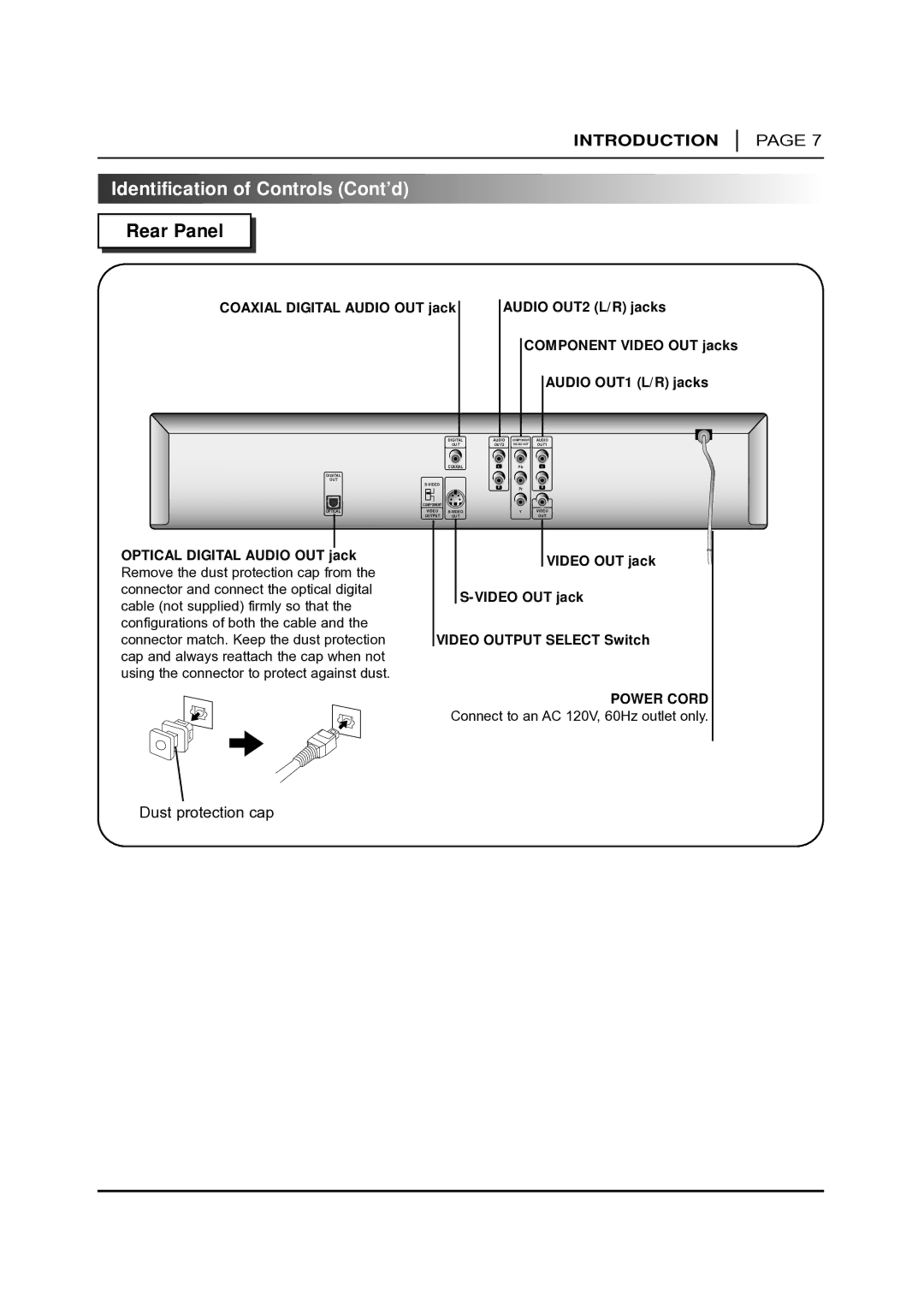 NAD T 531 owner manual Identification of Controls Cont’d, Rear Panel, Optical Digital Audio OUT jack 