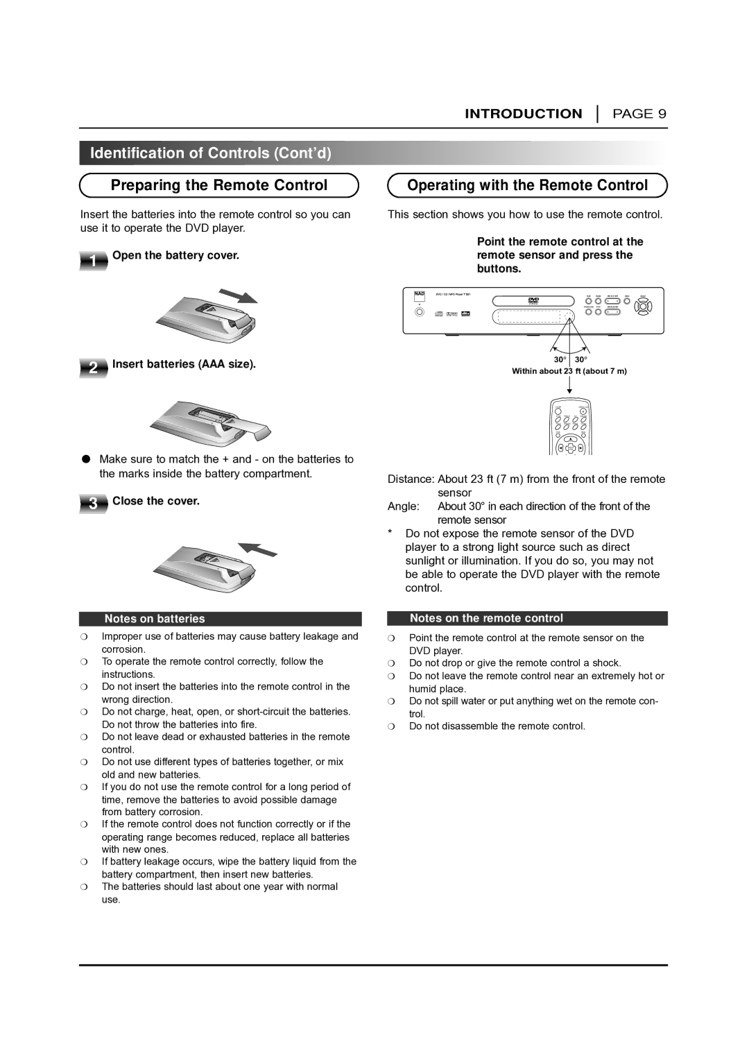 NAD T 531 Preparing the Remote Control, Operating with the Remote Control, Open the battery cover, Close the cover 