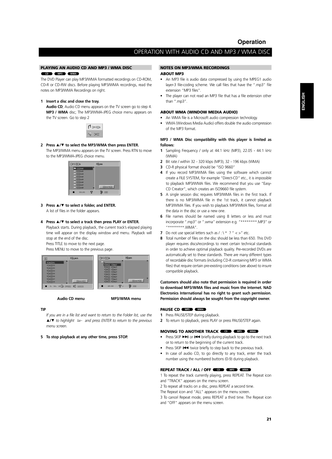 NAD T 533 Playing AN Audio CD and MP3 / WMA Disc, About MP3, About WMA Window Media Audio, Tip, Pause CD MP3 WMA 