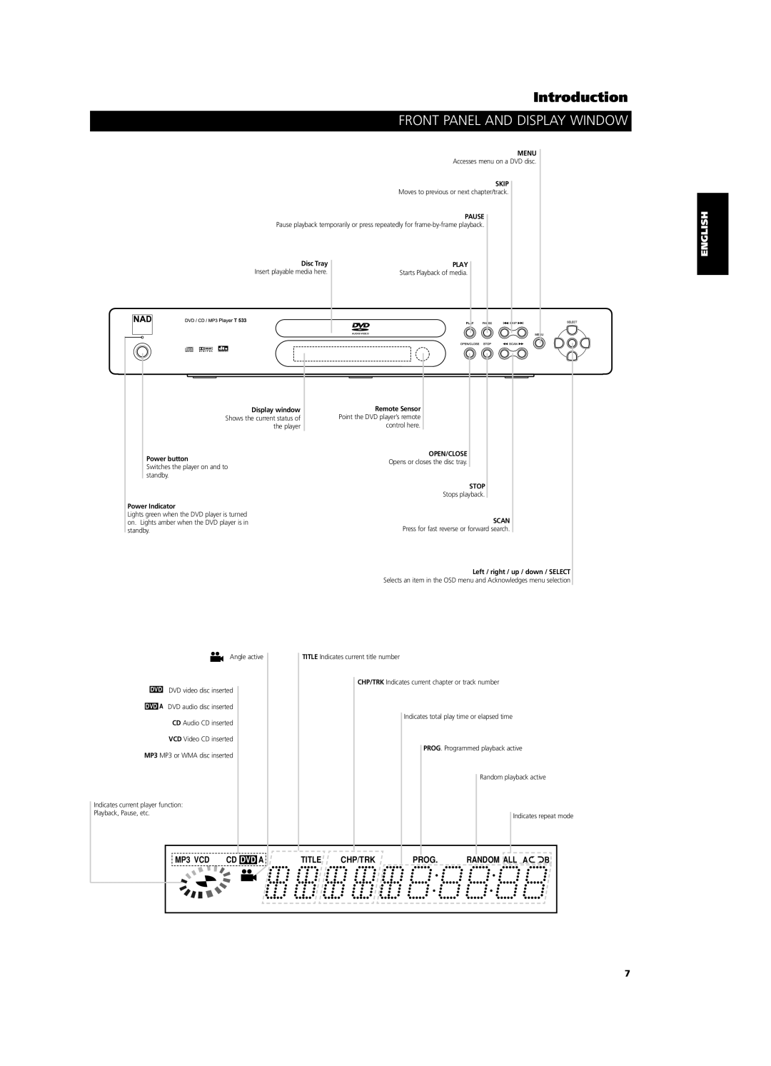 NAD T 533 owner manual Front Panel and Display Window, Play 