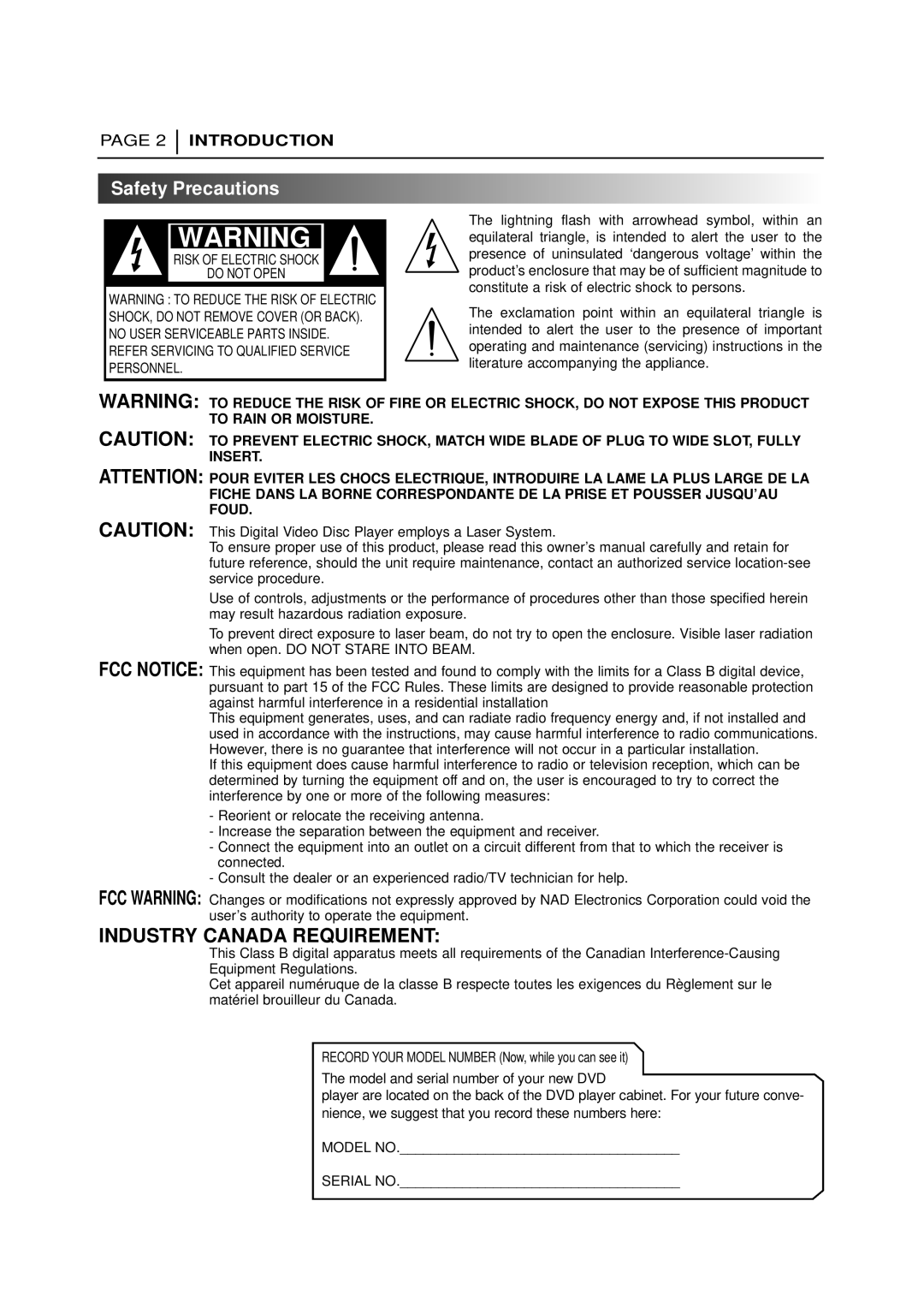 NAD T 571 owner manual Industry Canada Requirement, Safety Precautions 