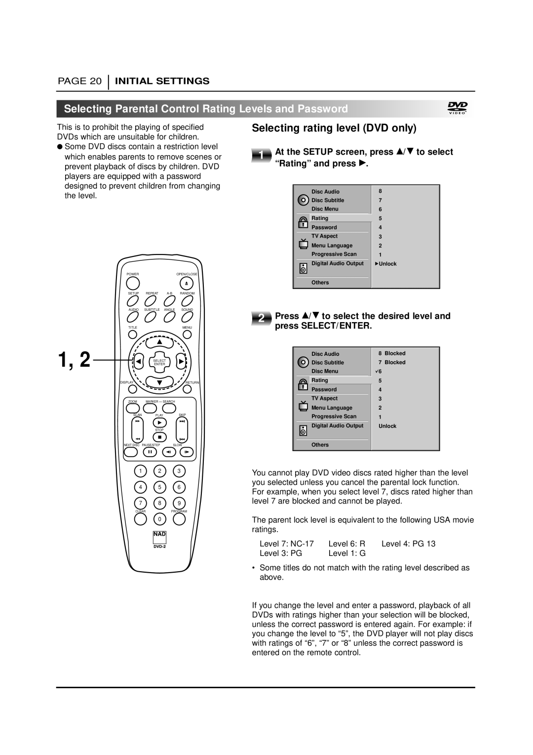 NAD T 571 owner manual Selecting Parental Control Rating Levels and Password, Selecting rating level DVD only 