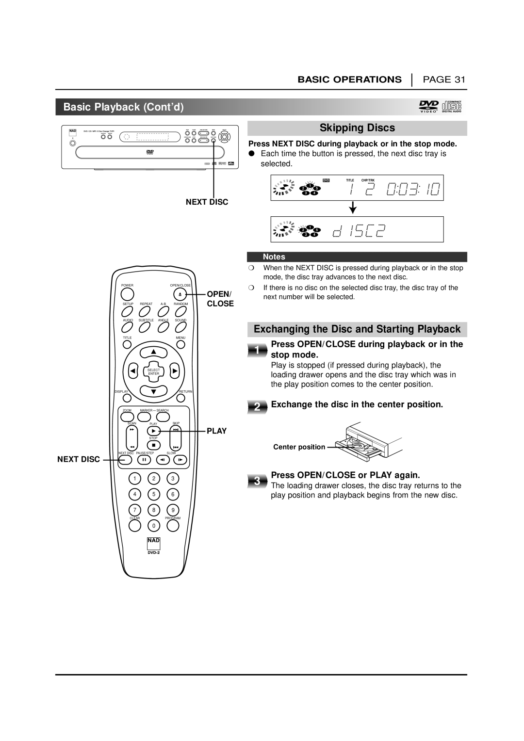 NAD T 571 owner manual Skipping Discs, Exchanging the Disc and Starting Playback 