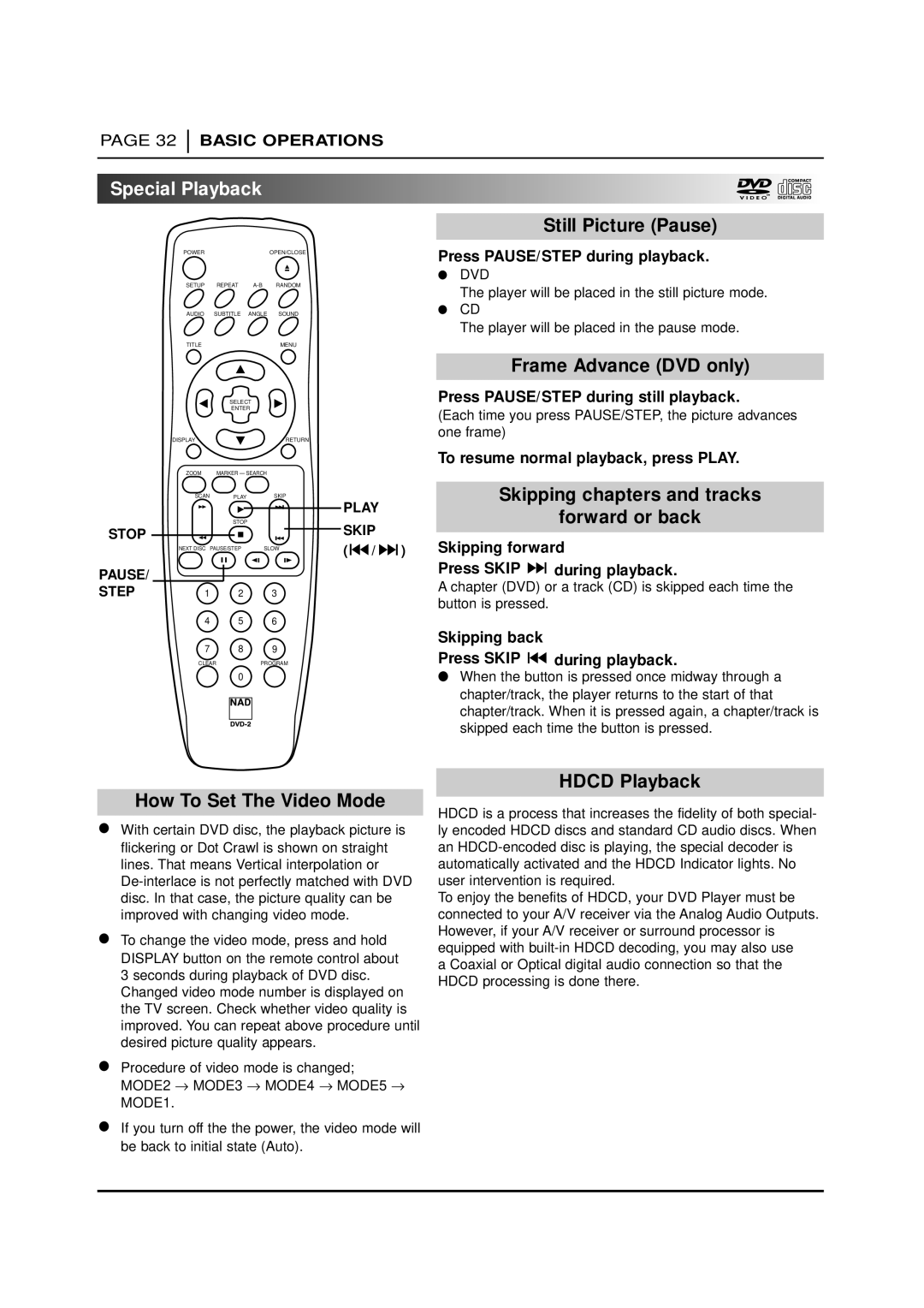 NAD T 571 Special Playback, Still Picture Pause, Frame Advance DVD only, Skipping chapters and tracks Forward or back 