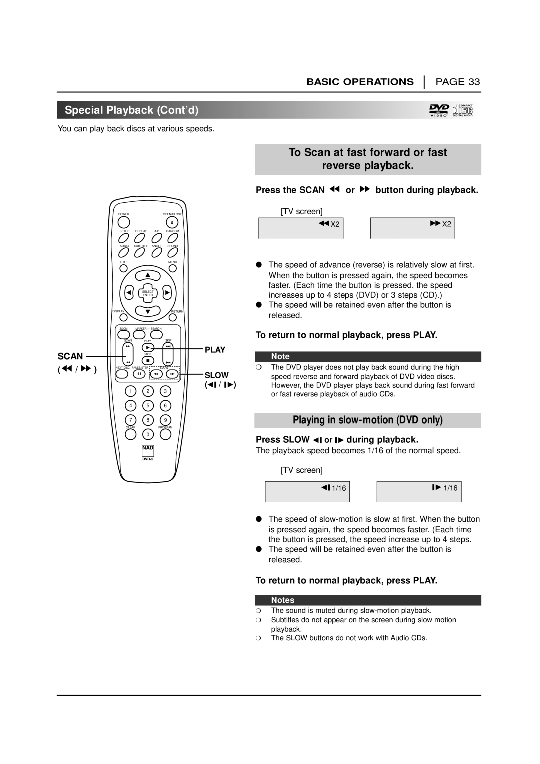 NAD T 571 Special Playback Cont’d, To Scan at fast forward or fast Reverse playback, Playing in slow-motion DVD only 