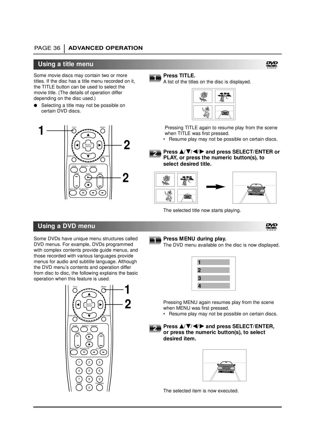 NAD T 571 owner manual Using a title menu, Using a DVD menu, Press Title, Select desired title, Press Menu during play 