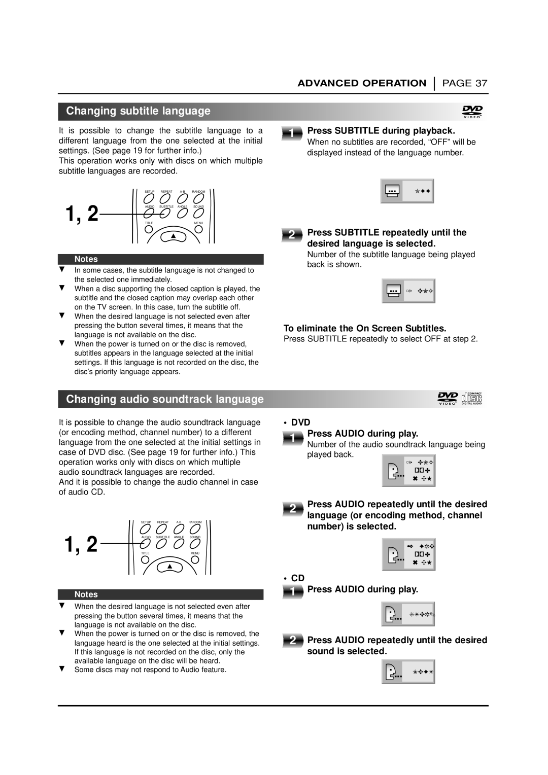 NAD T 571 owner manual Changing subtitle language, Changing audio soundtrack language 