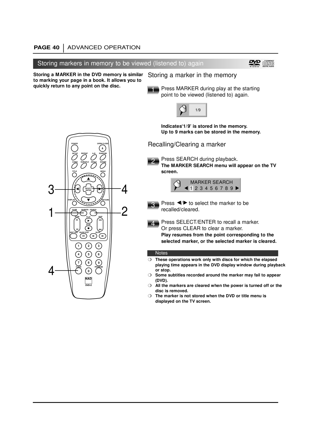 NAD T 571 owner manual Storing markers in memory to be viewed listened to again, Storing a marker in the memory 