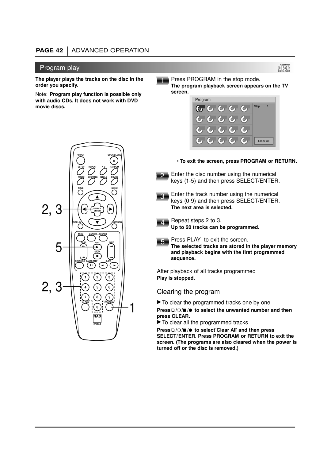 NAD T 571 owner manual Program play, Clearing the program 