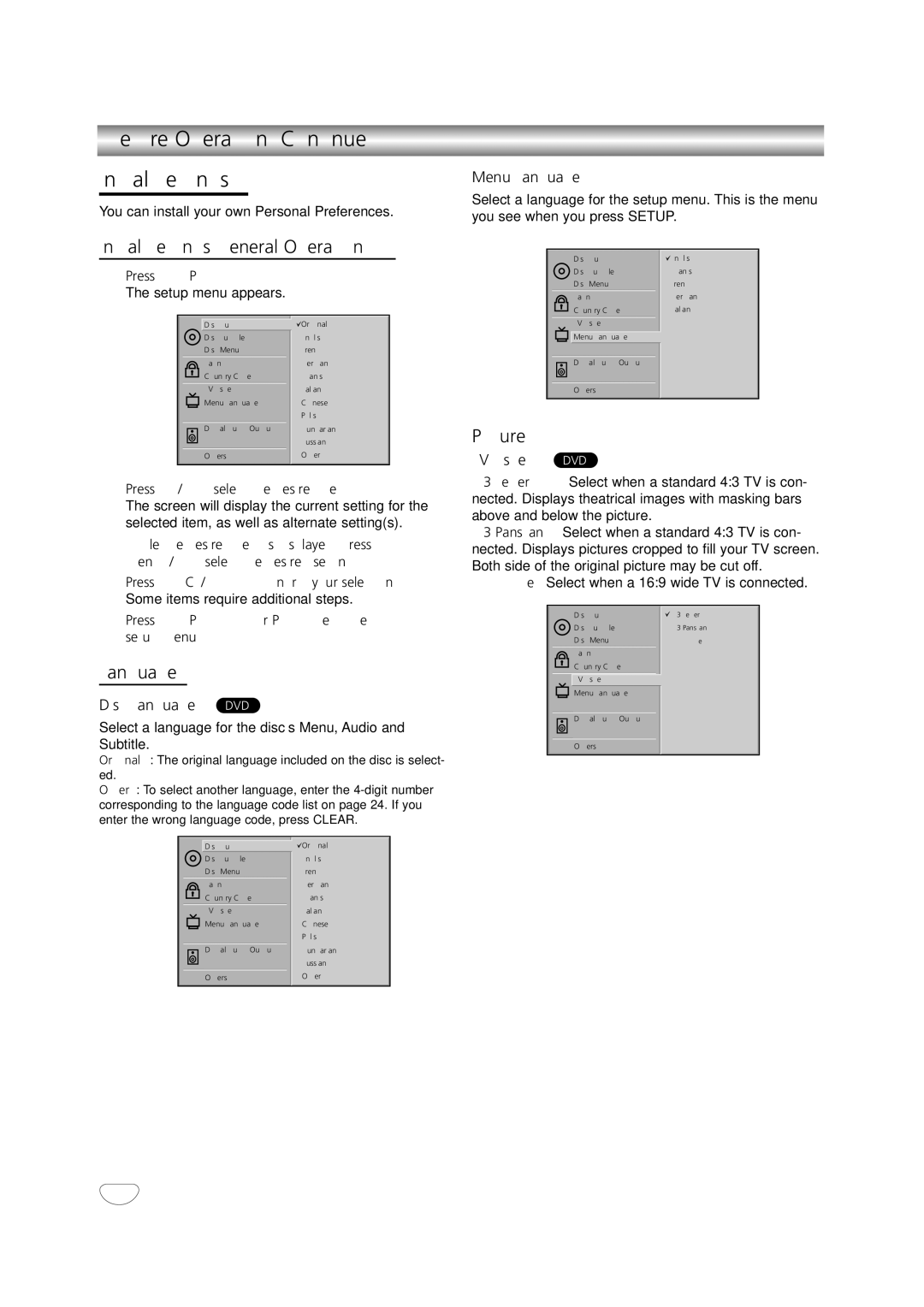 NAD T 572 owner manual Before Operation Initial Settings, Initial Settings General Operation, Language, Picture 