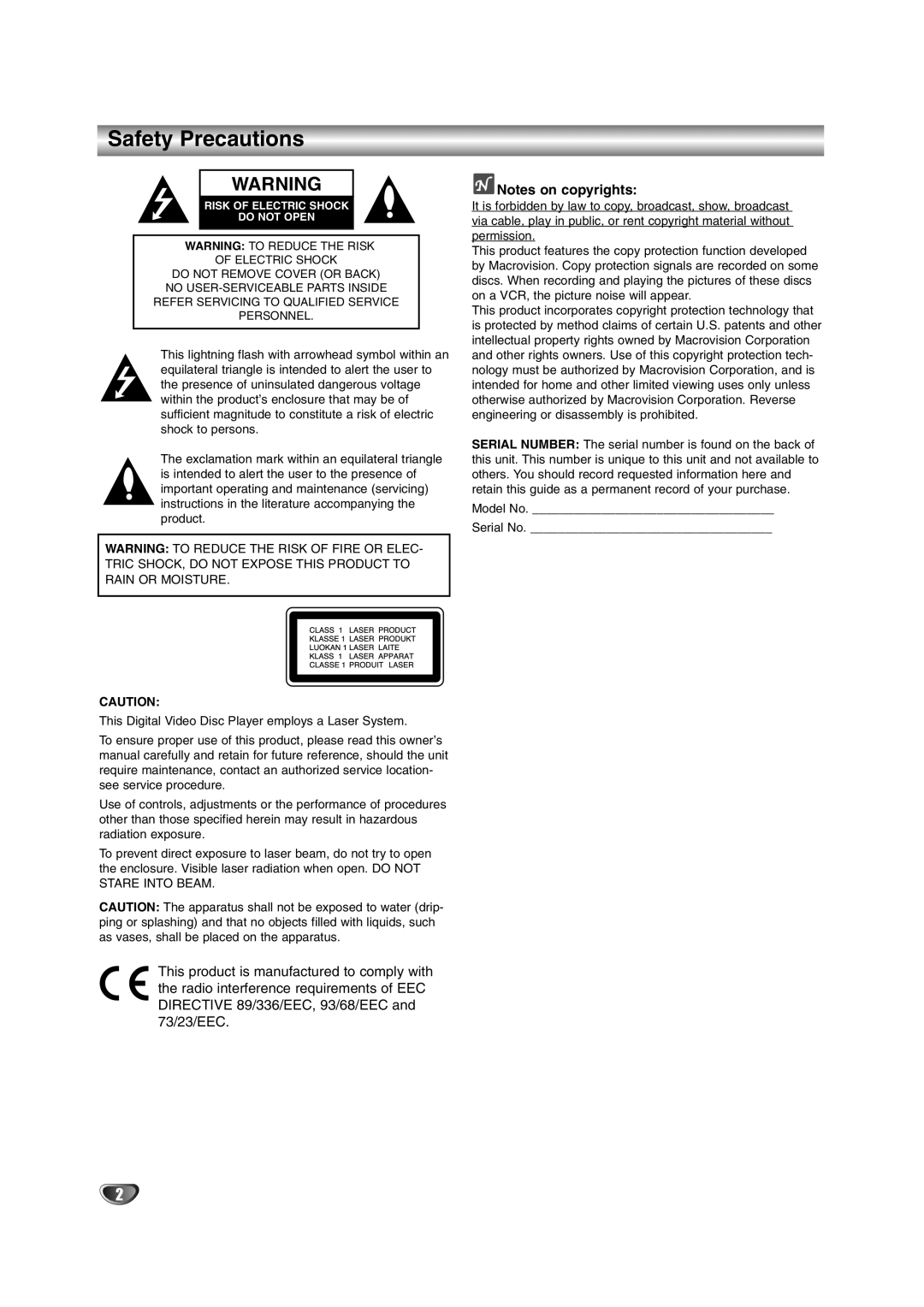 NAD T 572 owner manual Safety Precautions 