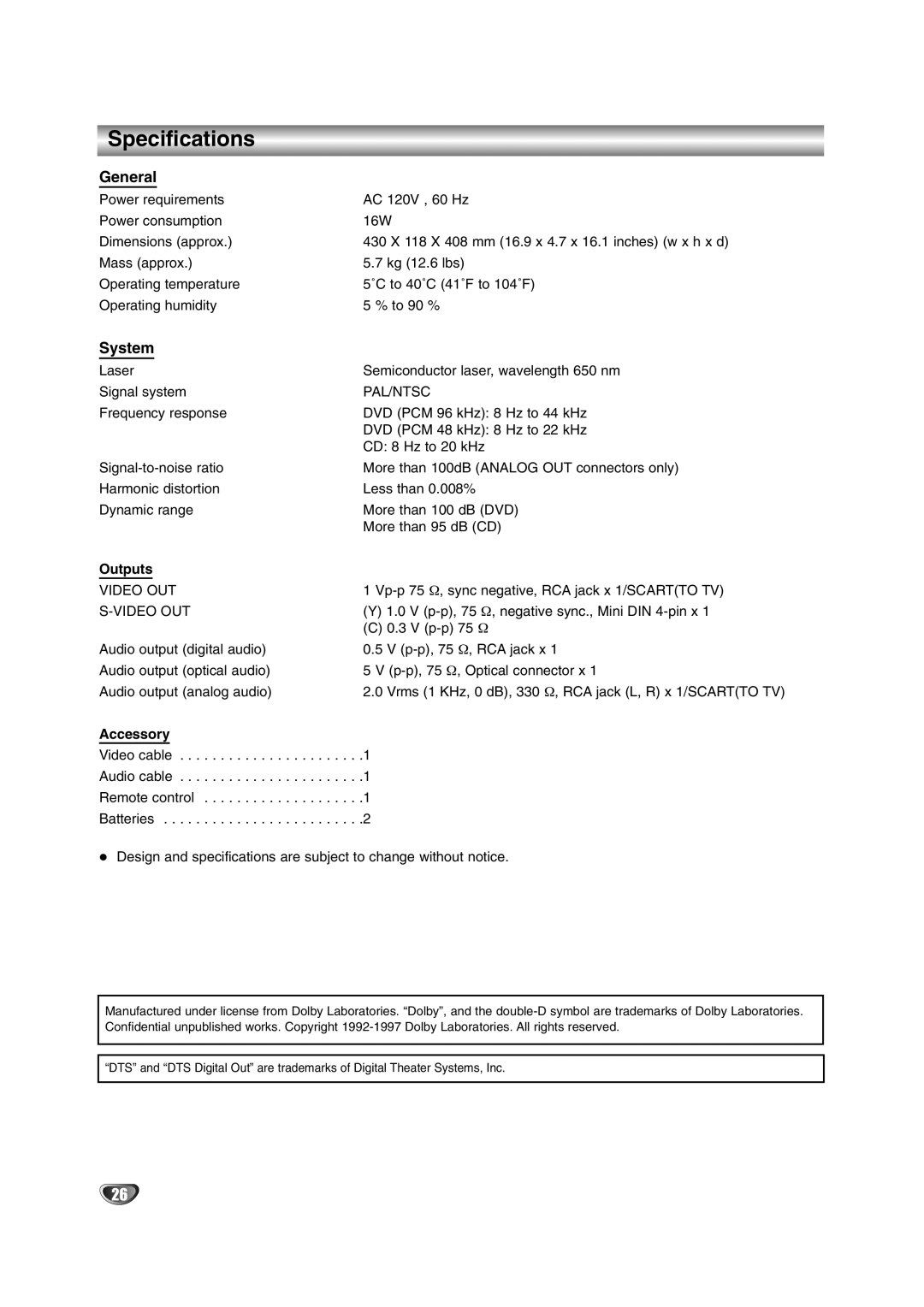 NAD T 572 owner manual Specifications, General, System, Outputs, Accessory 