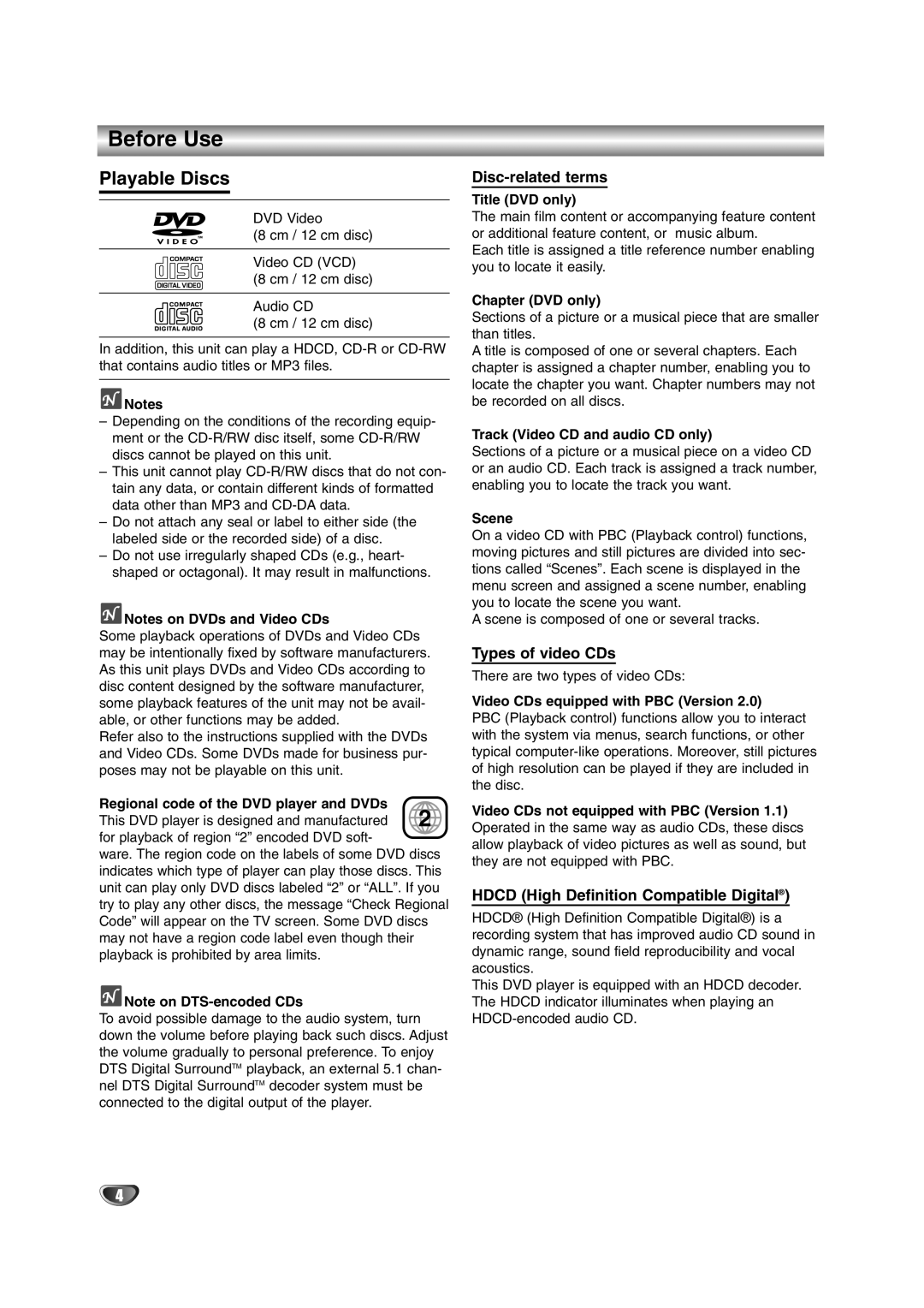 NAD T 572 Before Use, Playable Discs, Disc-related terms, Types of video CDs, Hdcd High Definition Compatible Digital 