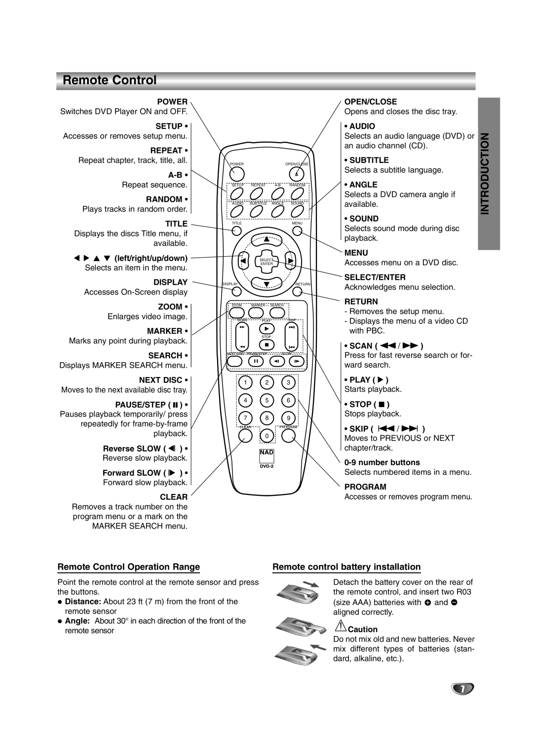 NAD T 572 owner manual Remote Control Operation Range, Remote control battery installation 