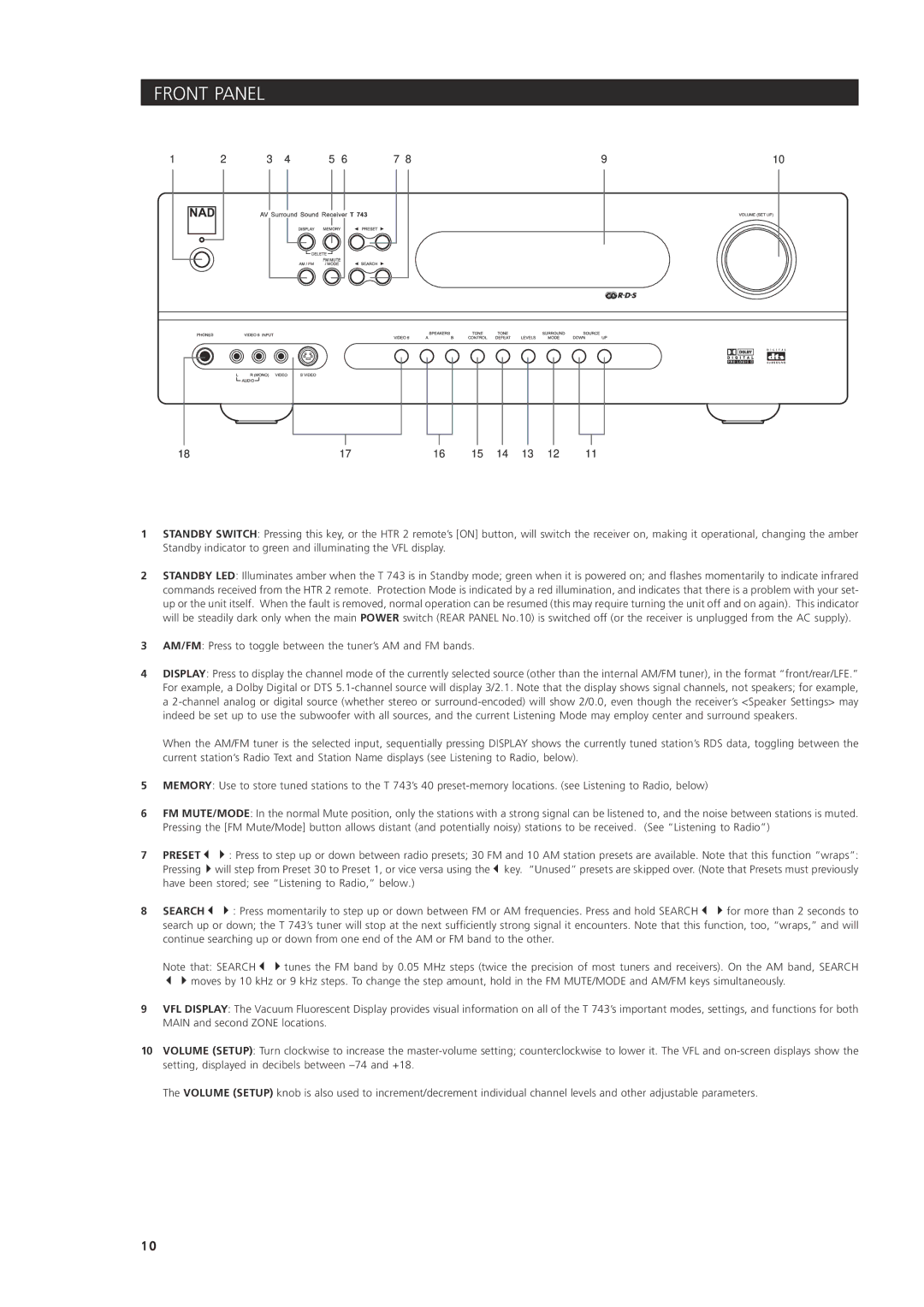 NAD T 743 owner manual Front Panel, Search 