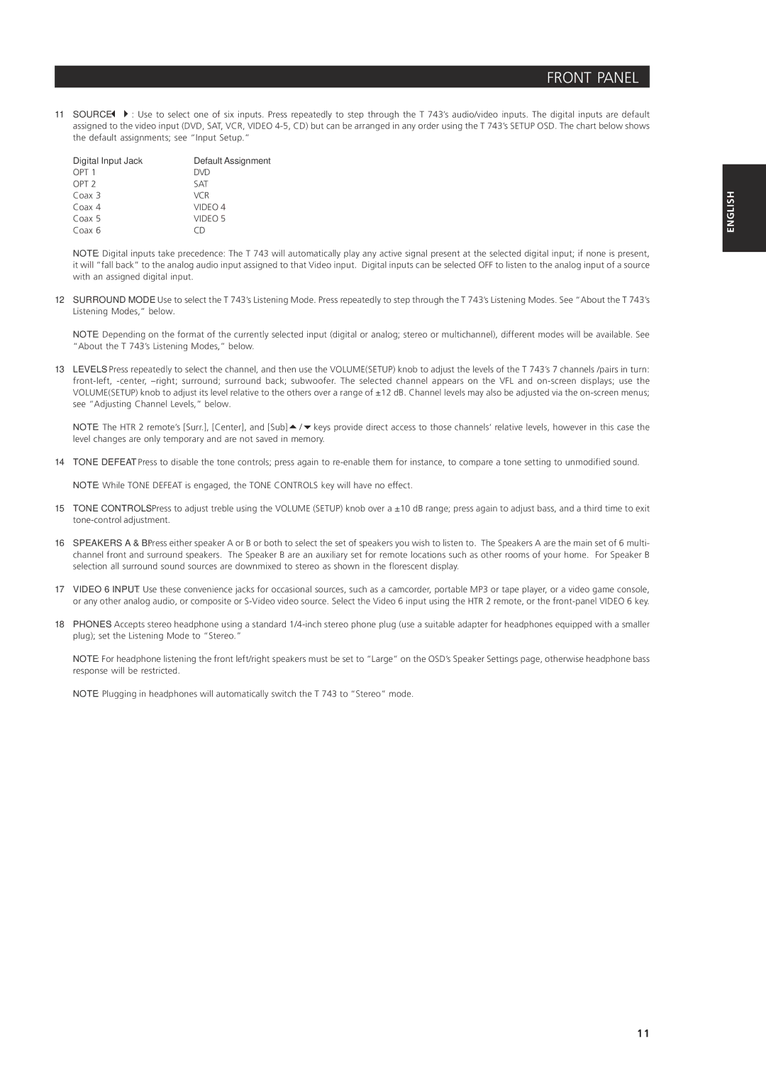 NAD T 743 owner manual Digital Input Jack Default Assignment 