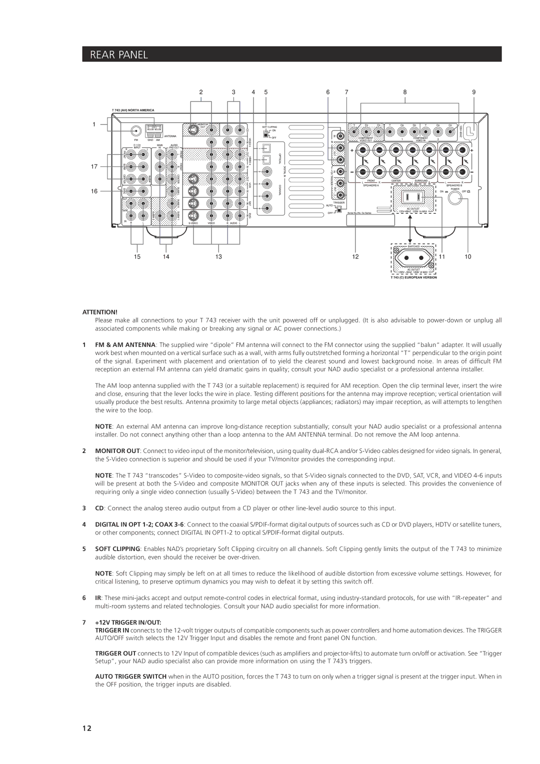 NAD T 743 owner manual Rear Panel, +12V Trigger IN/OUT 