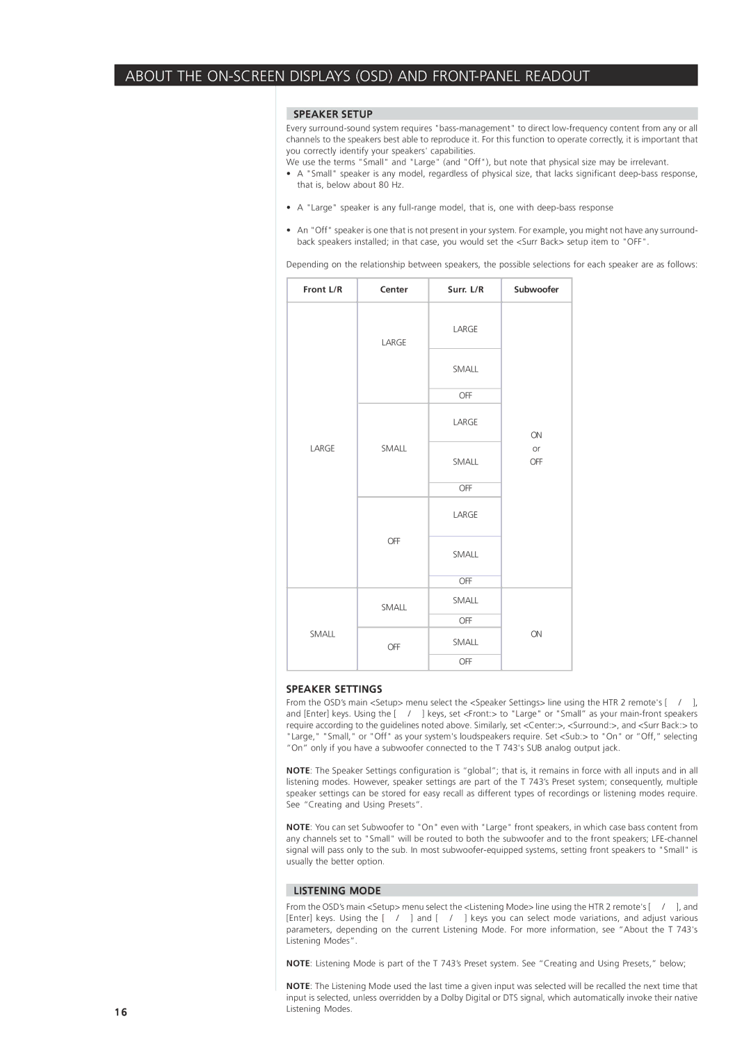 NAD T 743 owner manual Speaker Setup, Speaker Settings, Listening Mode, Front L/R Center, Subwoofer 