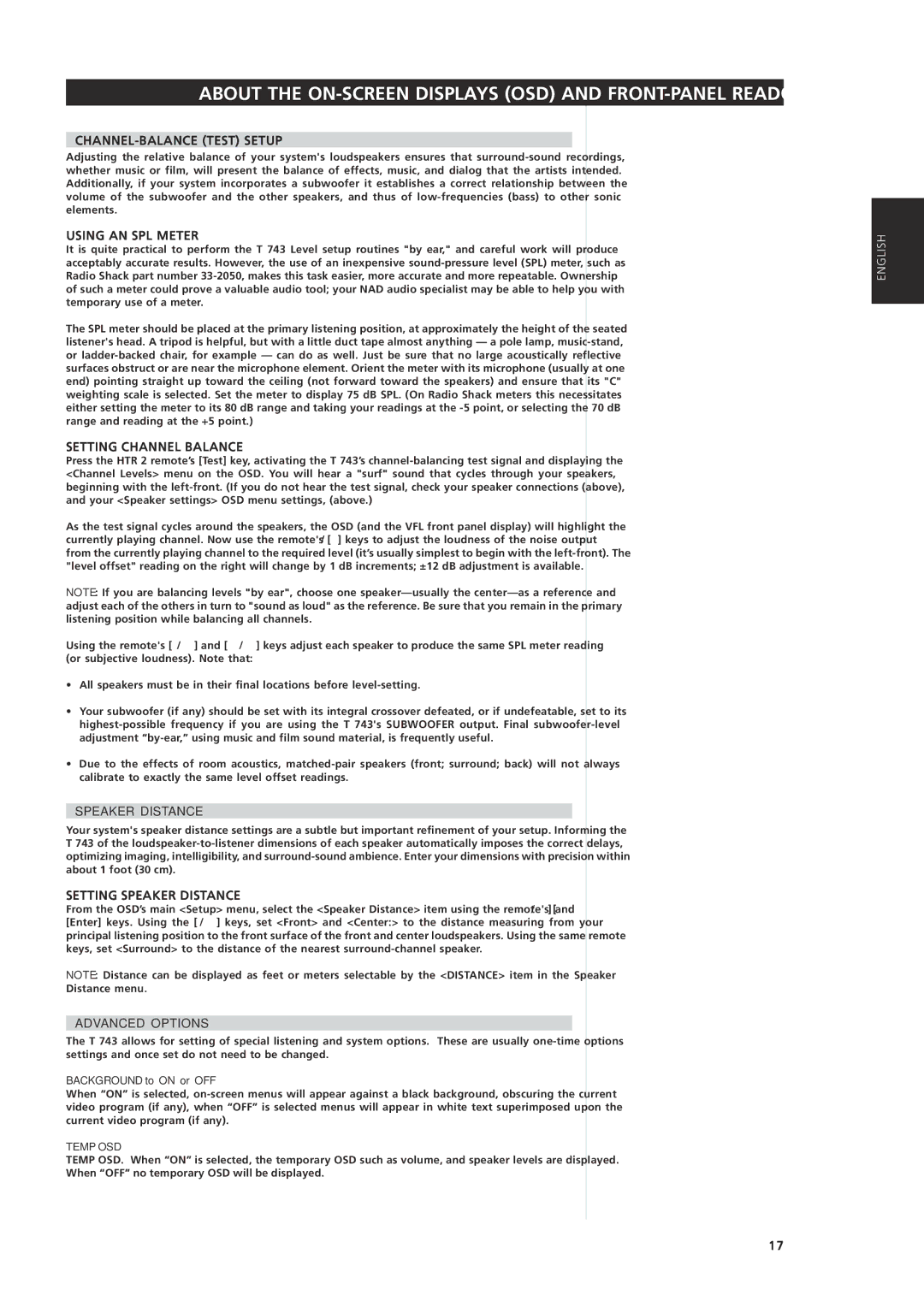 NAD T 743 CHANNEL-BALANCE Test Setup, Using AN SPL Meter, Setting Channel Balance, Speaker Distance, Advanced Options 