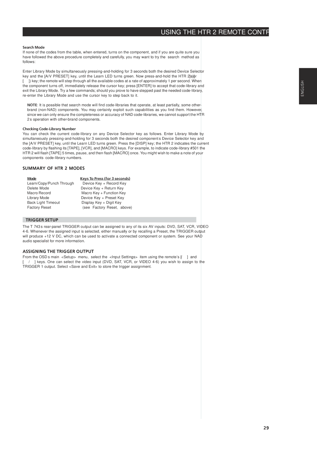 NAD T 743 owner manual Summary of HTR 2 Modes, Trigger Setup, Assigning the Trigger Output 