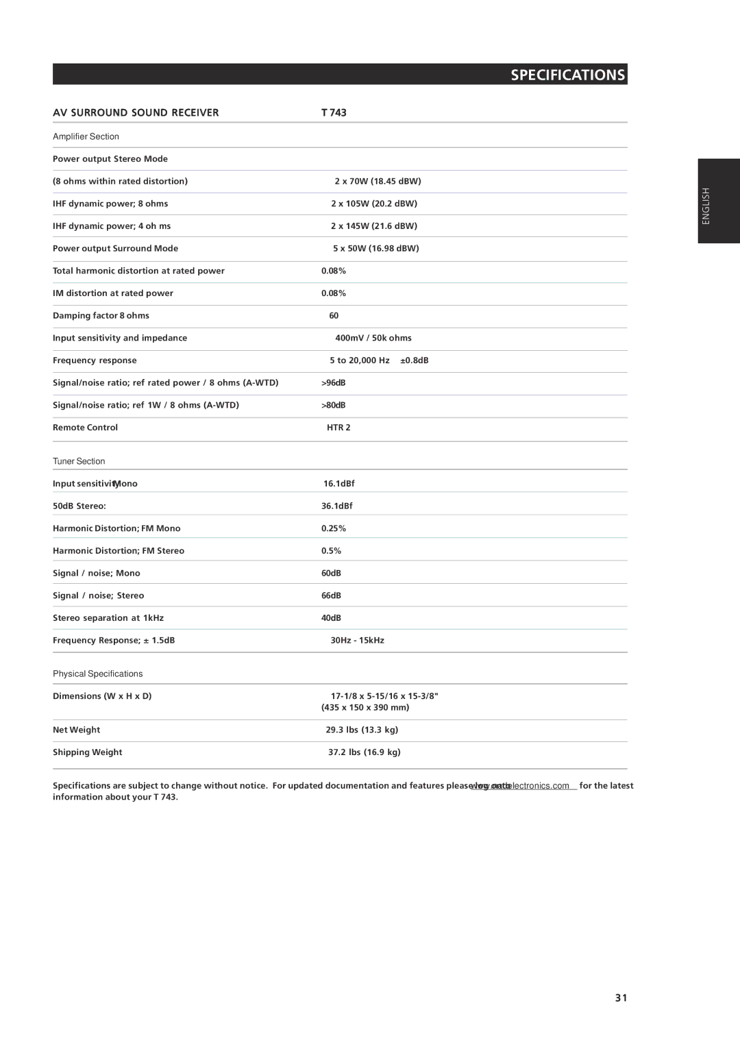 NAD T 743 owner manual AV Surround Sound Receiver, Amplifier Section, Tuner Section, Physical Specifications 