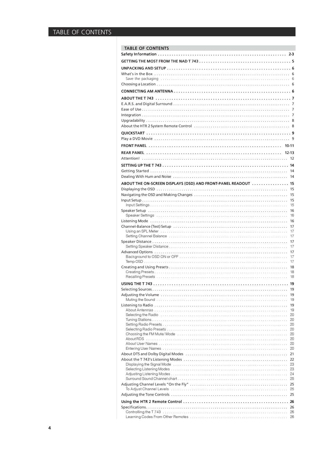 NAD T 743 owner manual Table of Contents 