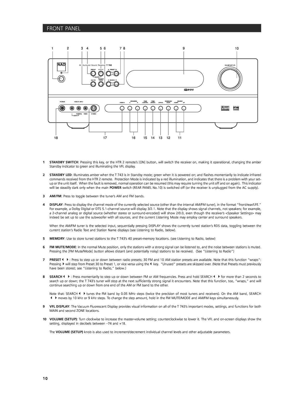 NAD T 743 owner manual Front Panel, Search 