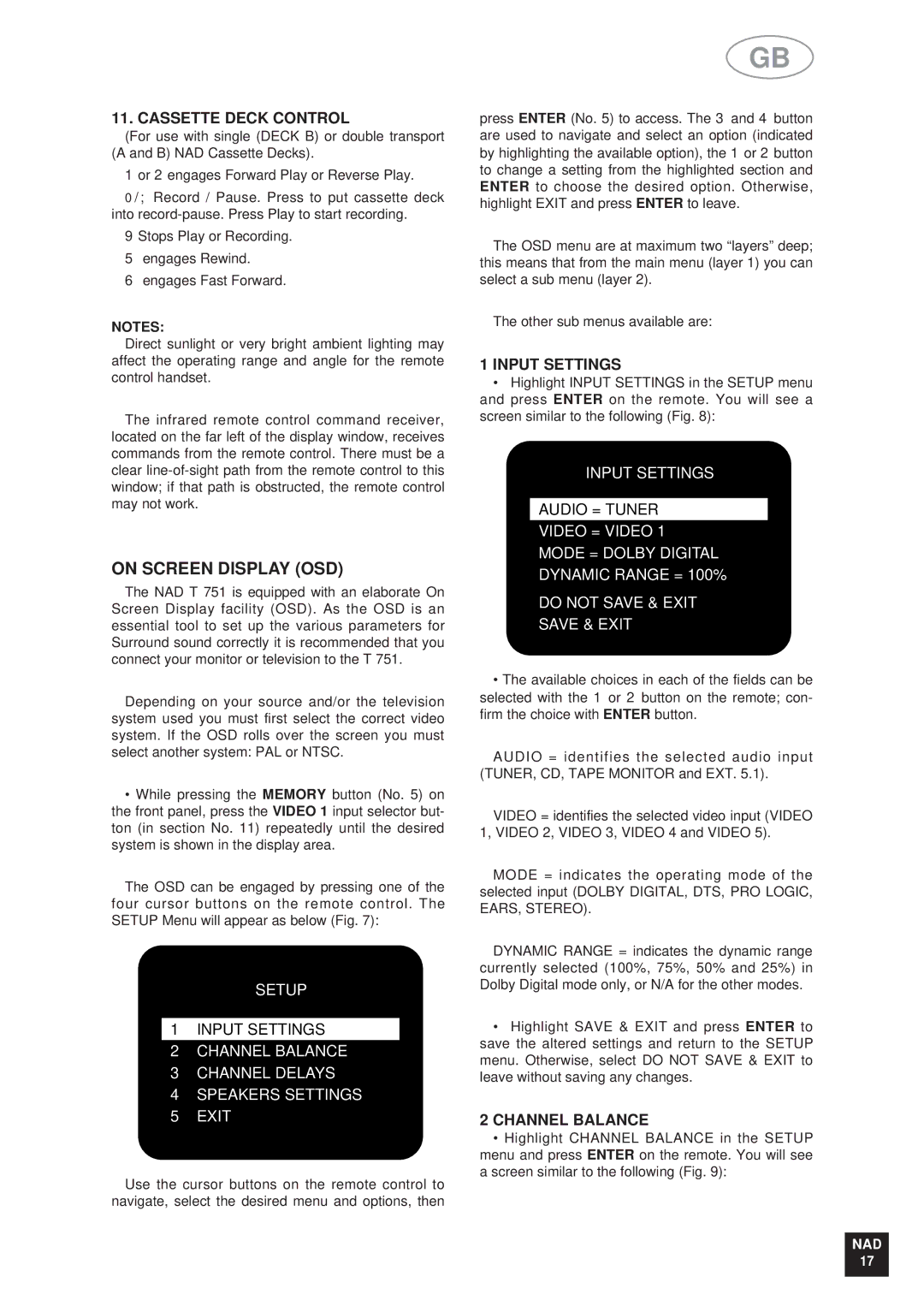 NAD T 751751 owner manual On Screen Display OSD, Cassette Deck Control, Input Settings, Channel Balance 