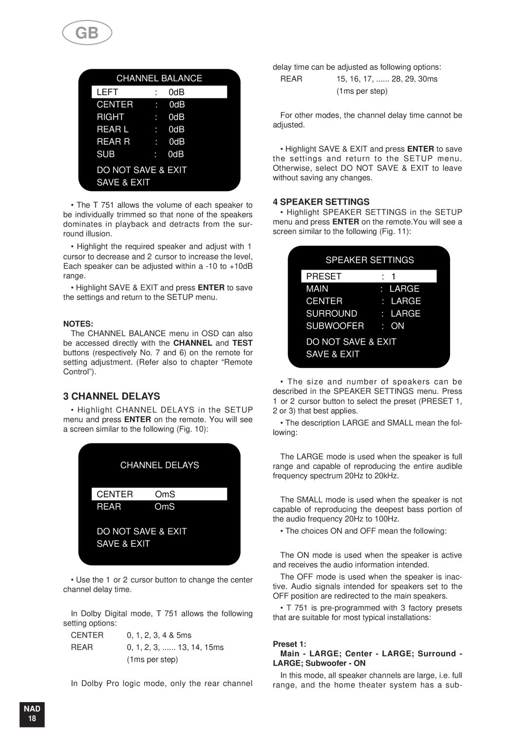 NAD T 751751 owner manual Channel Delays, Speaker Settings 