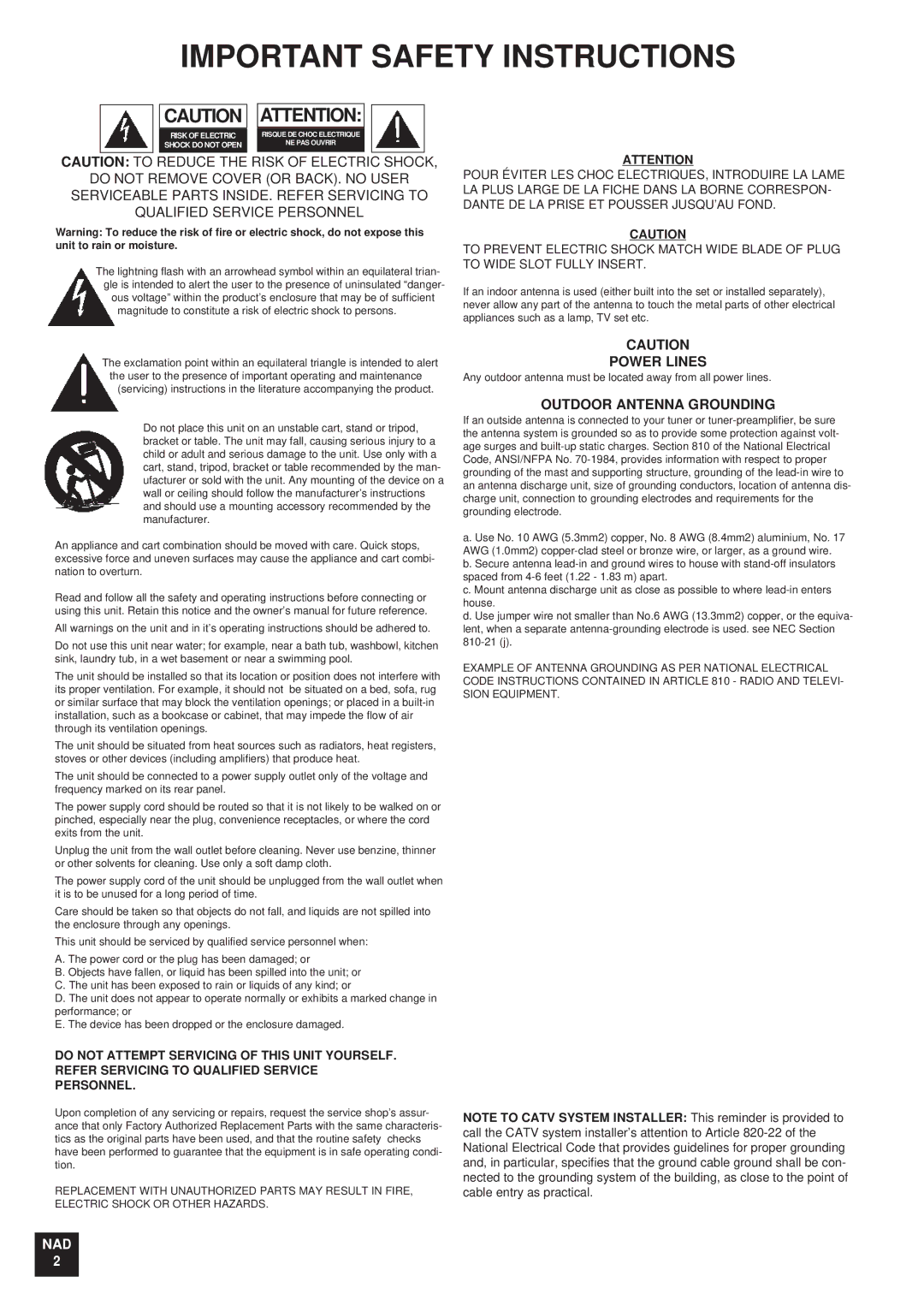 NAD T 751751 owner manual Power Lines, Outdoor Antenna Grounding 