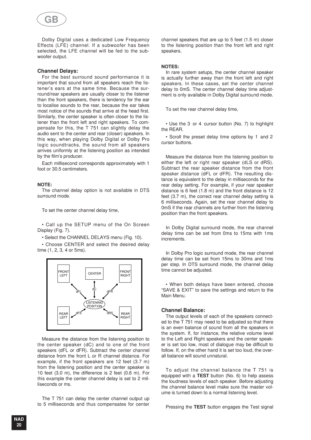 NAD T 751751 owner manual Channel Delays, Channel Balance 