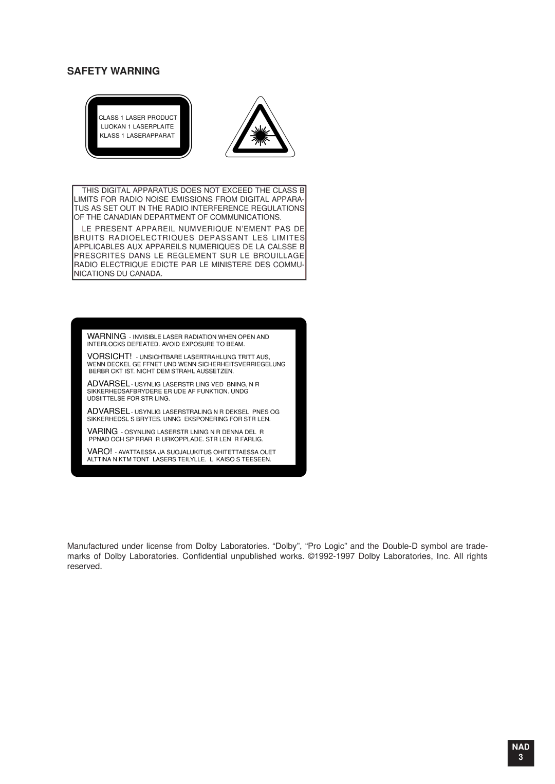 NAD T 751751 owner manual Safety Warning, Interlocks DEFEATED. Avoid Exposure to Beam 