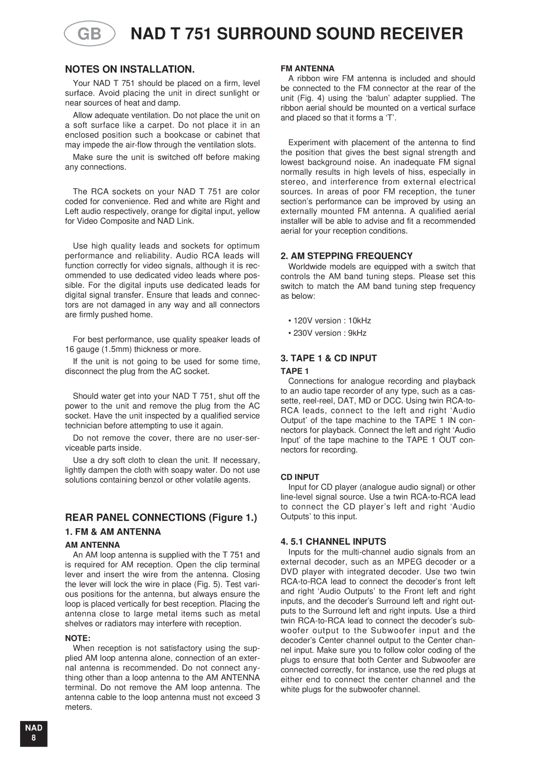 NAD T 751751 owner manual AM Stepping Frequency, FM & AM Antenna, Tape 1 & CD Input, Channel Inputs 