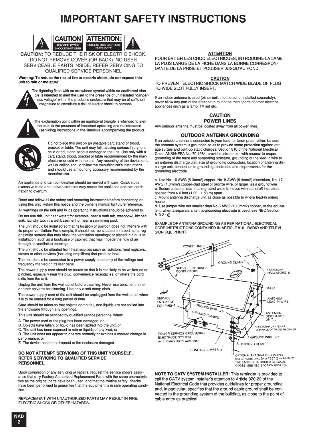 NAD T 751751 owner manual Important Safety Instructions, Power Lines, Outdoor Antenna Grounding, Nad 