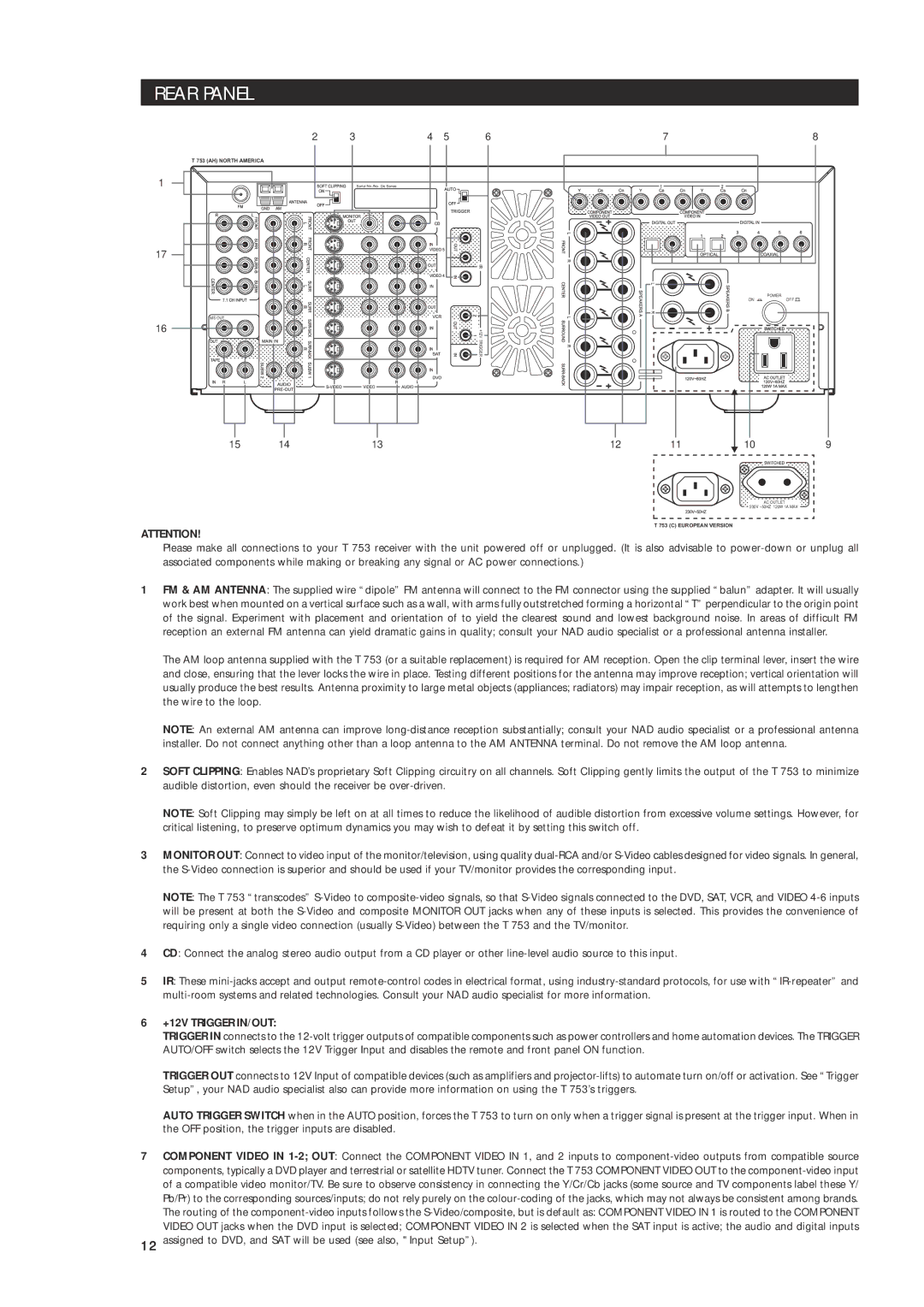 NAD T 753 owner manual Rear Panel, +12V Trigger IN/OUT 