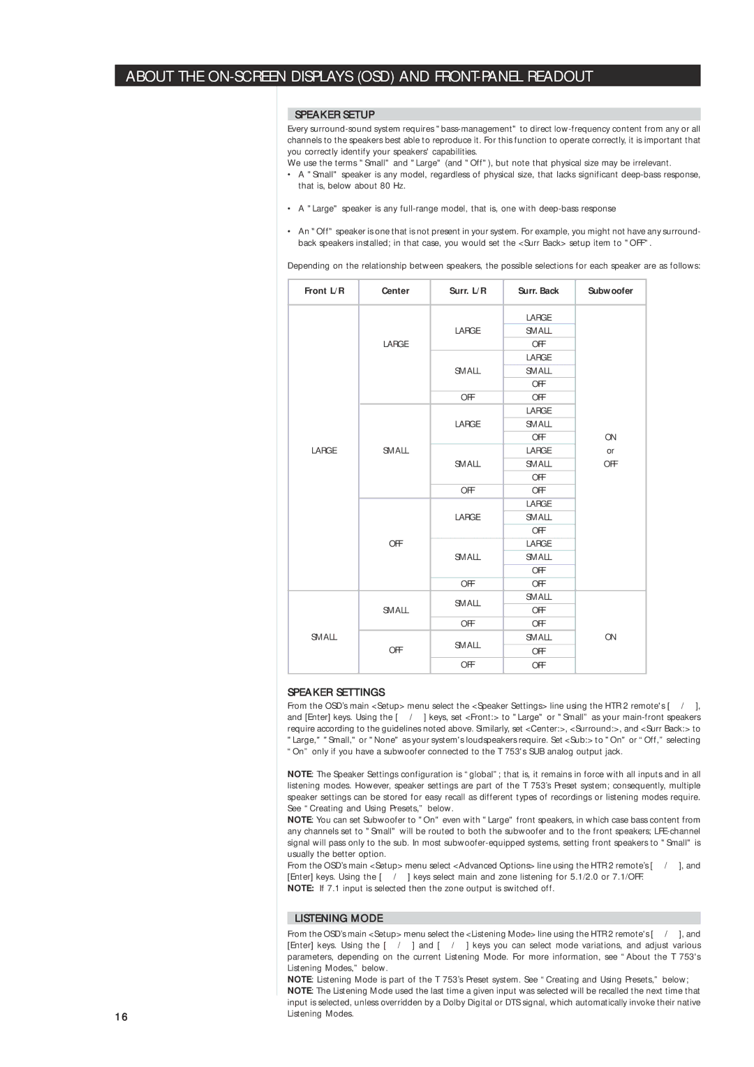 NAD T 753 owner manual Speaker Setup, Speaker Settings, Listening Mode 