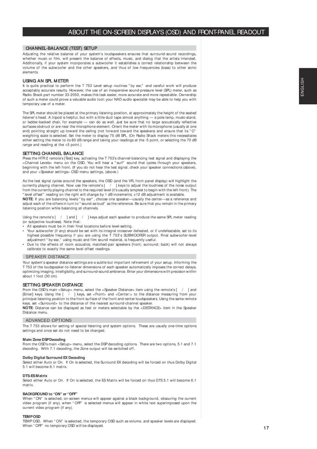 NAD T 753 CHANNEL-BALANCE Test Setup, Using AN SPL Meter, Setting Channel Balance, Setting Speaker Distance, Temp OSD 