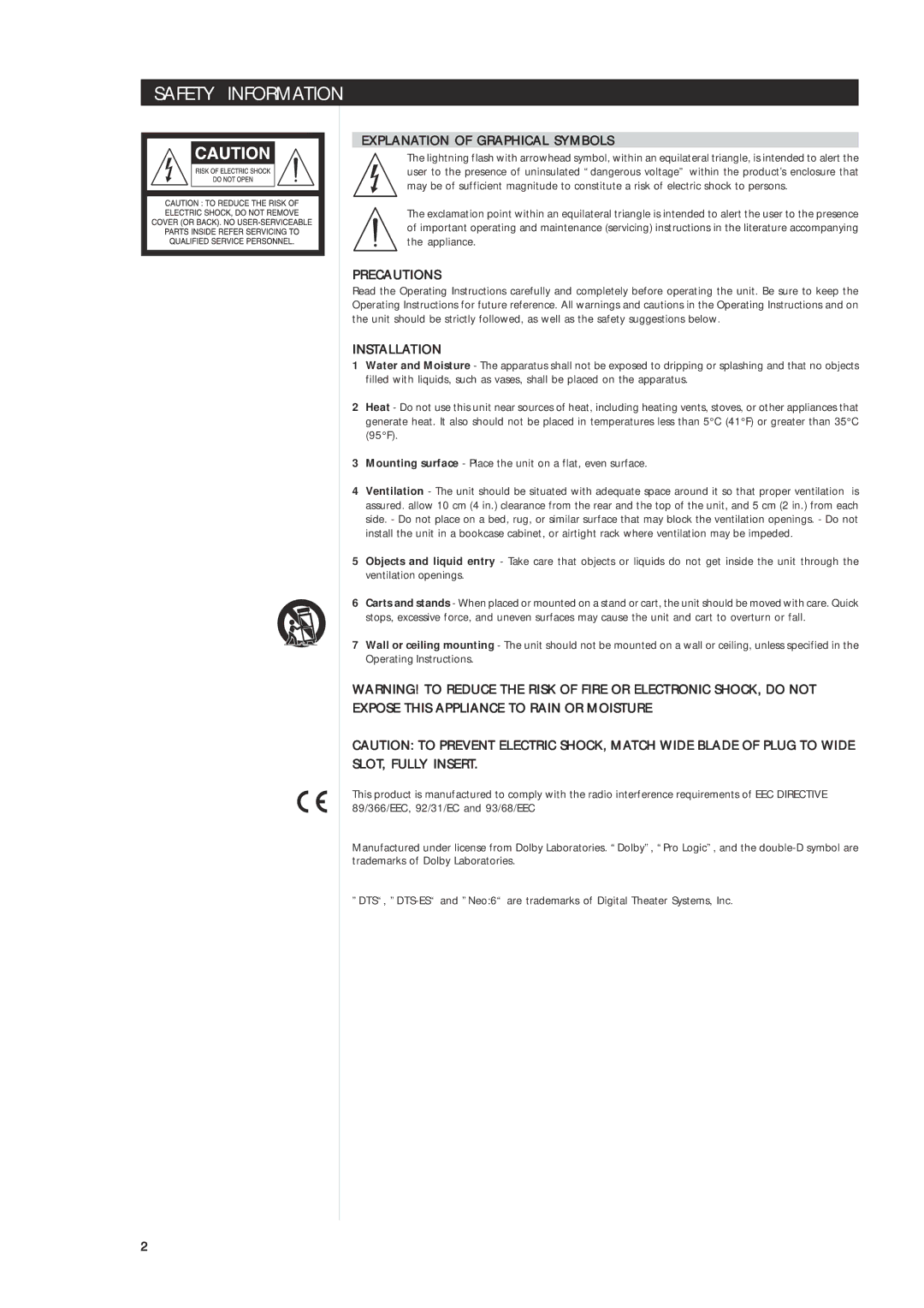 NAD T 753 owner manual Safety Information, Explanation of Graphical Symbols, Precautions, Installation 