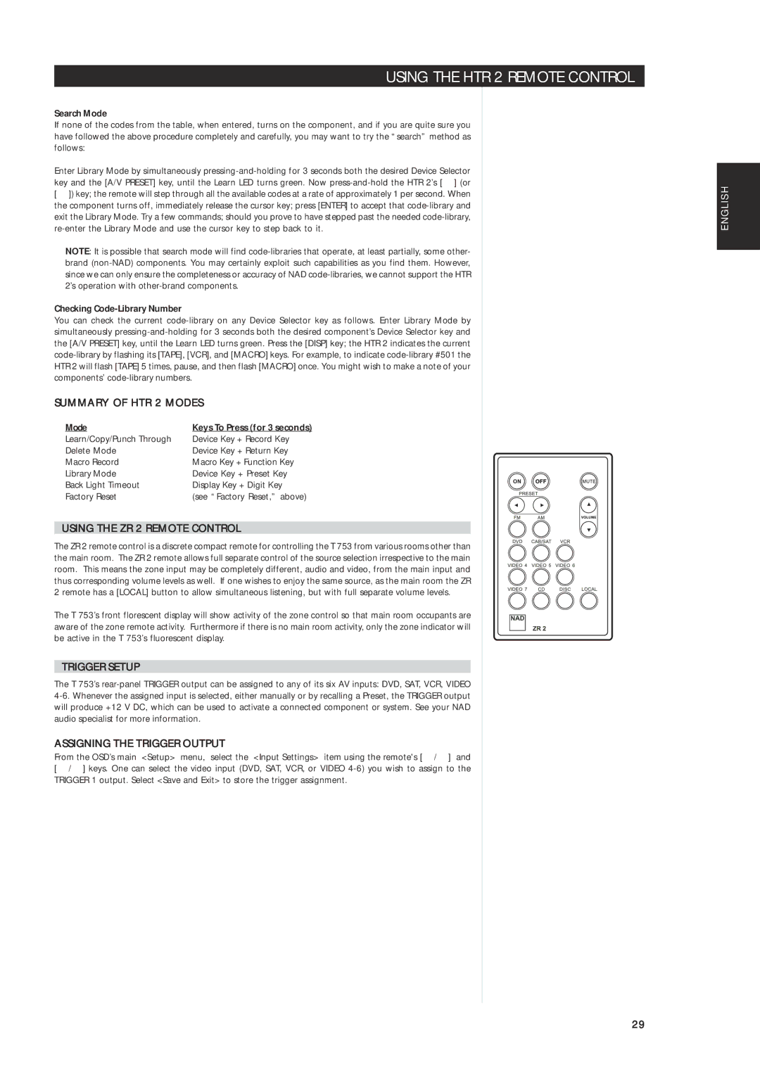 NAD T 753 owner manual Summary of HTR 2 Modes, Using the ZR 2 Remote Control, Trigger Setup, Assigning the Trigger Output 