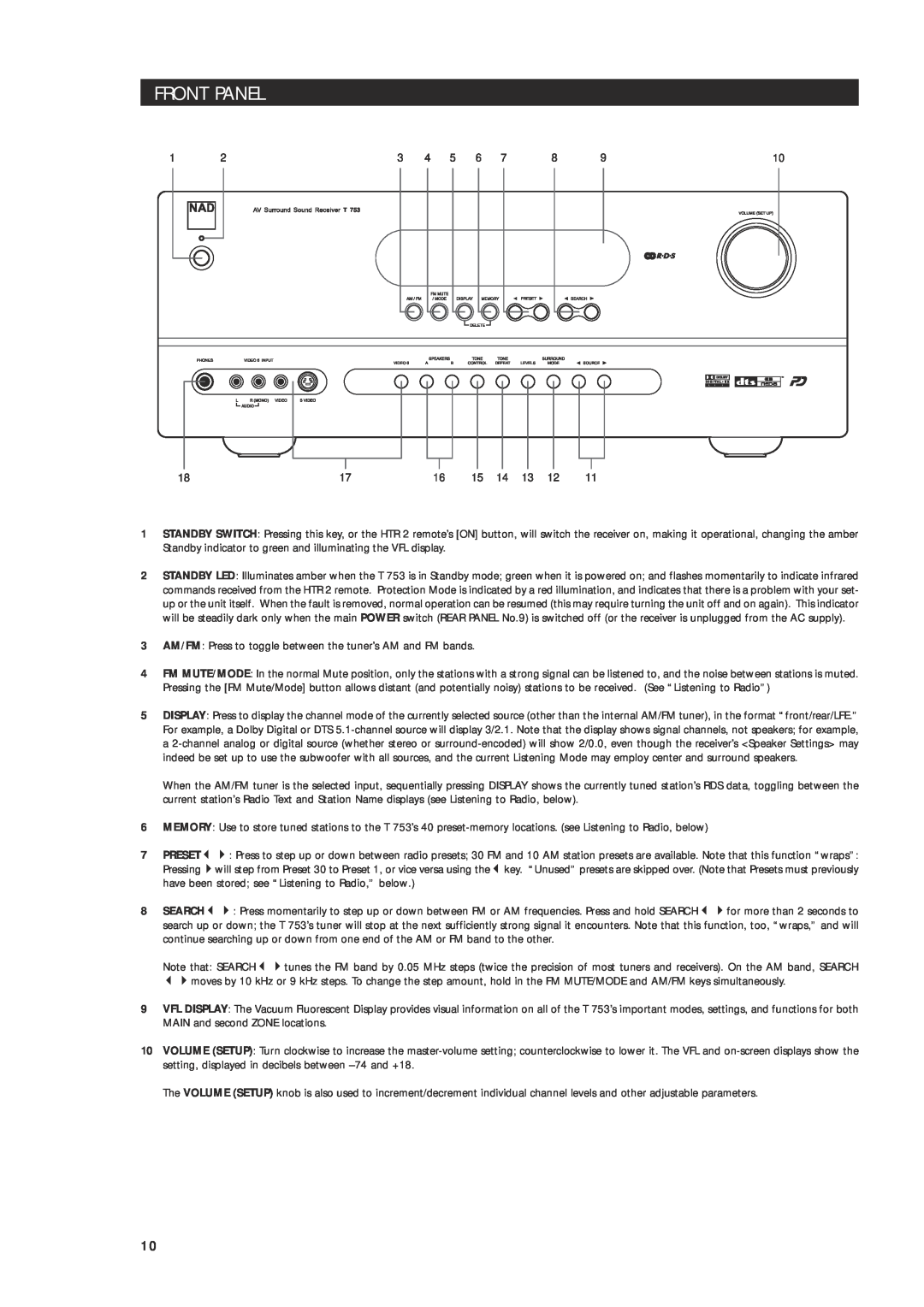NAD T 753 owner manual Front Panel, Search 