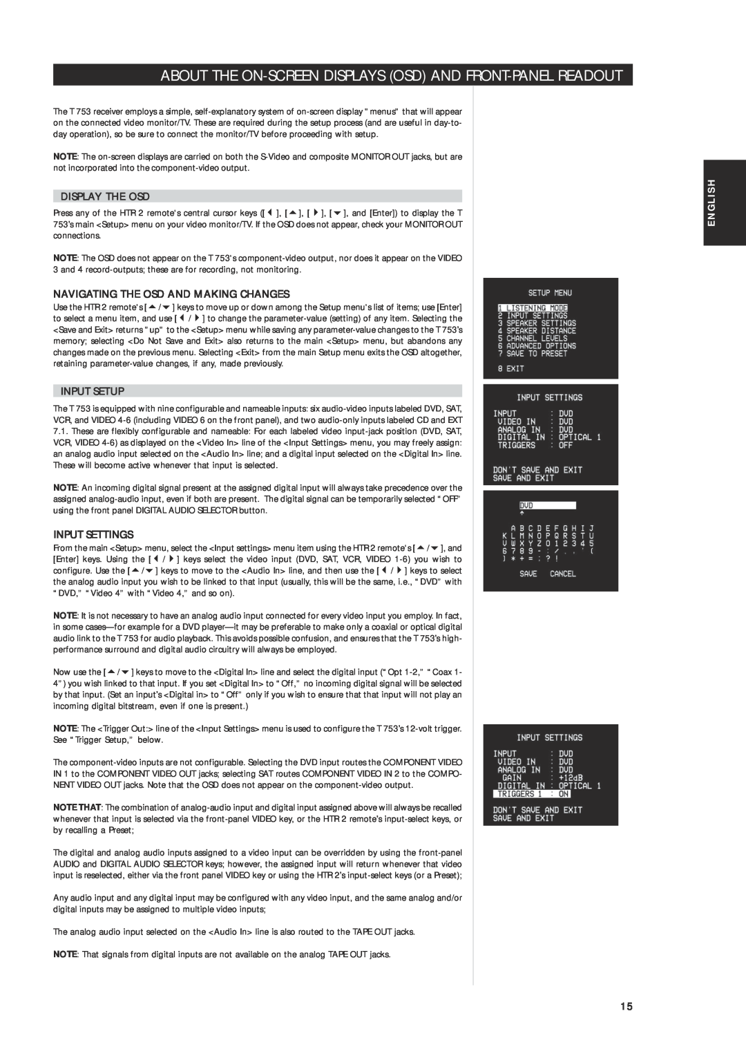 NAD T 753 owner manual Display The Osd, Navigating The Osd And Making Changes, Input Setup, Input Settings, English 