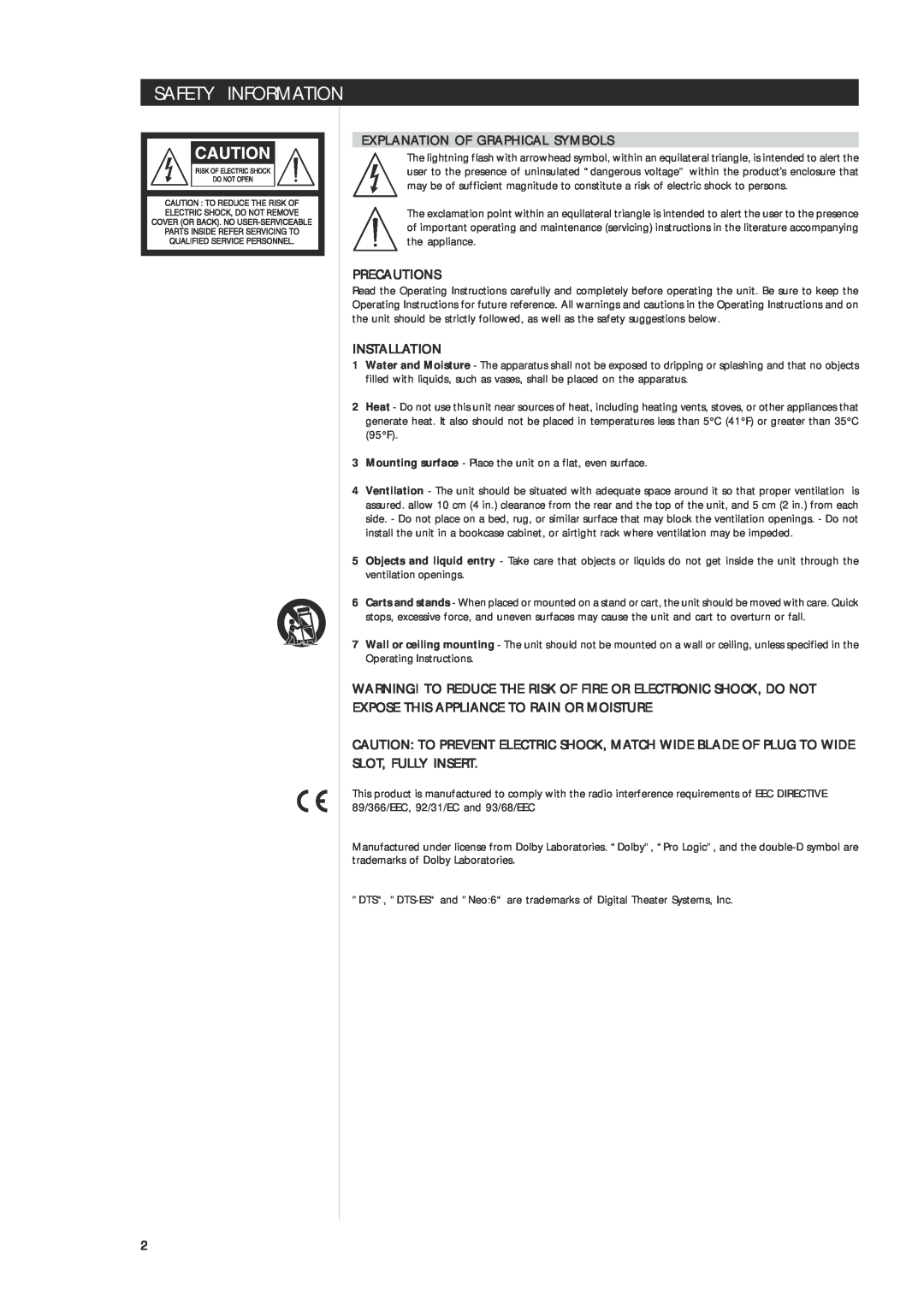 NAD T 753 owner manual Safety Information, Explanation Of Graphical Symbols, Precautions, Installation, Slot, Fully Insert 