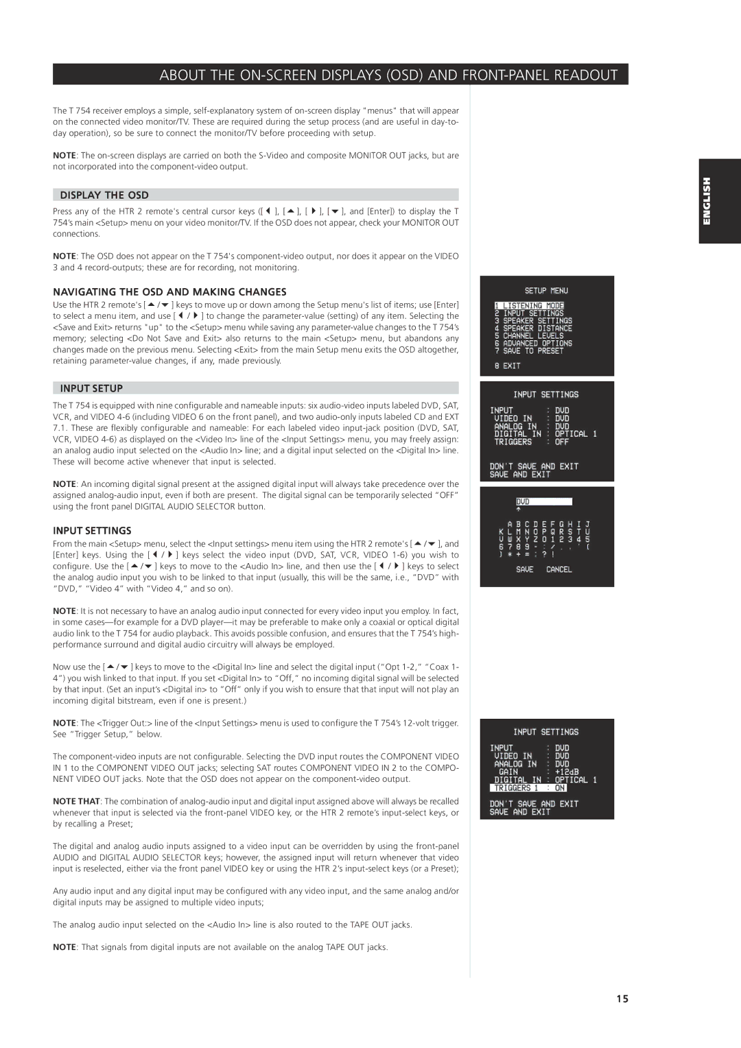 NAD T 754 About the ON-SCREEN Displays OSD and FRONT-PANEL Readout, Display the OSD, Navigating the OSD and Making Changes 