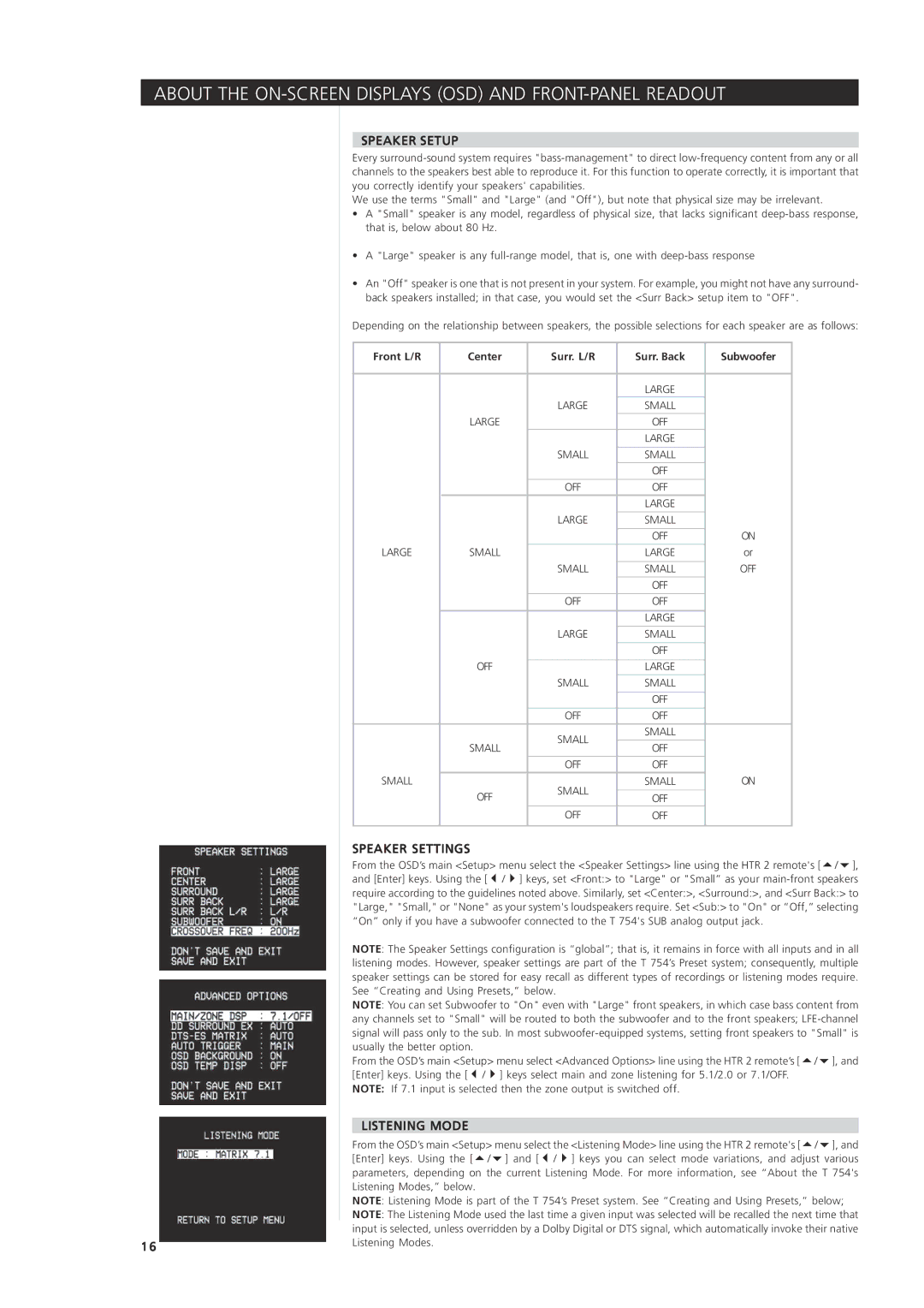 NAD T 754 owner manual Speaker Setup, Speaker Settings, Listening Mode 