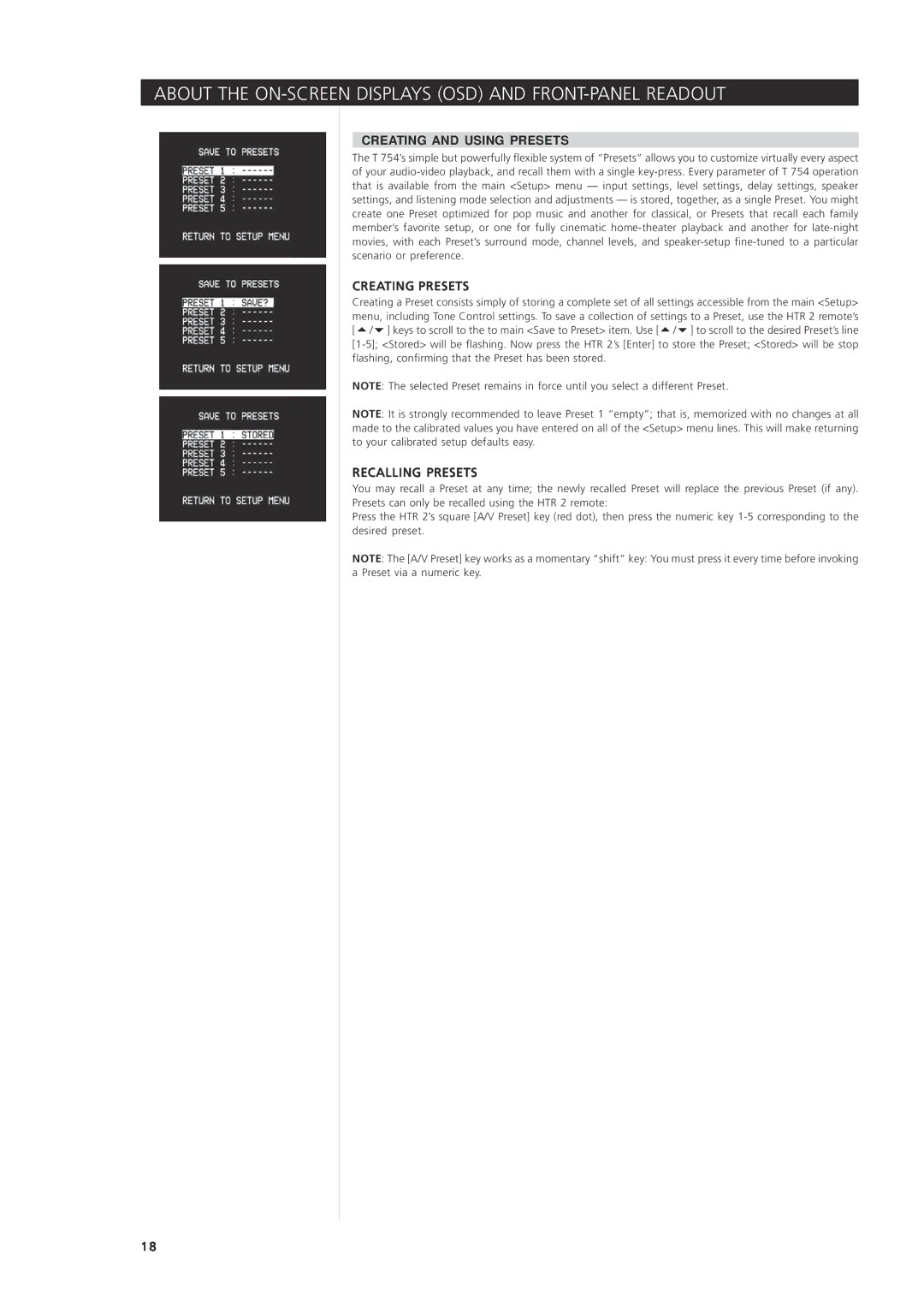 NAD T 754 owner manual Creating Presets, Recalling Presets 