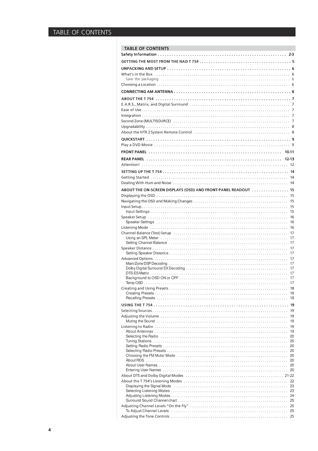 NAD T 754 owner manual Table of Contents 