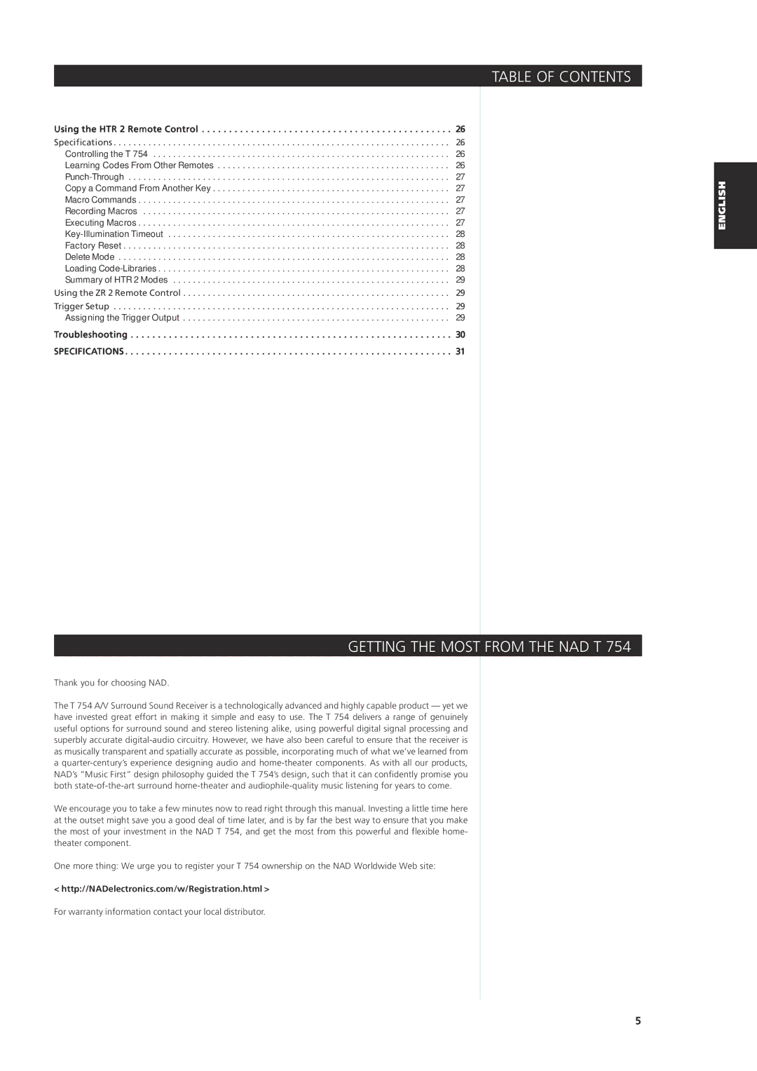 NAD T 754 owner manual Getting the Most from the NAD T, Using the HTR 2 Remote Control, Troubleshooting Specifications 